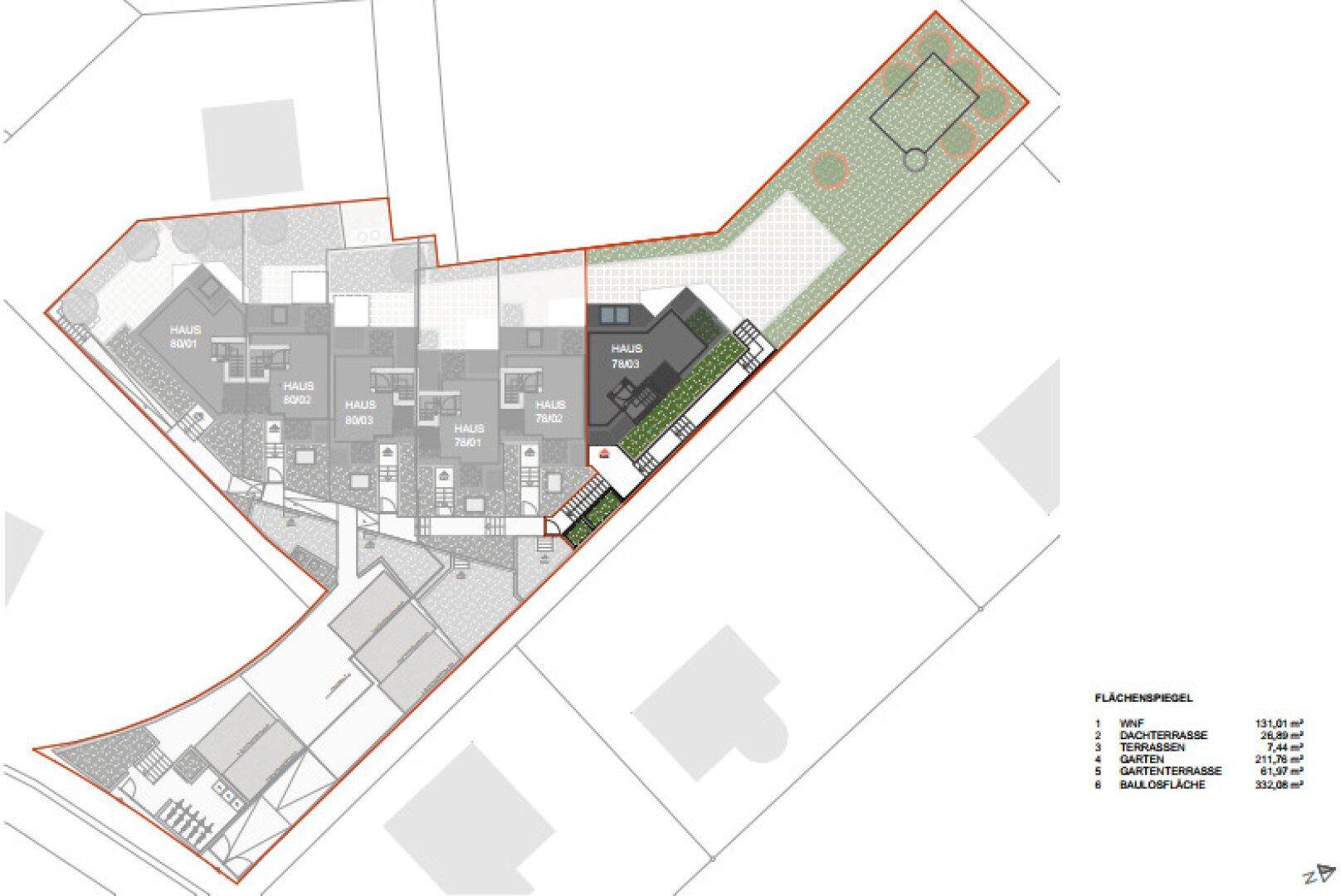 Detaillierter Lageplan des gesamten Wohnkomplexes mit Gärten und Terrassenbereichen.