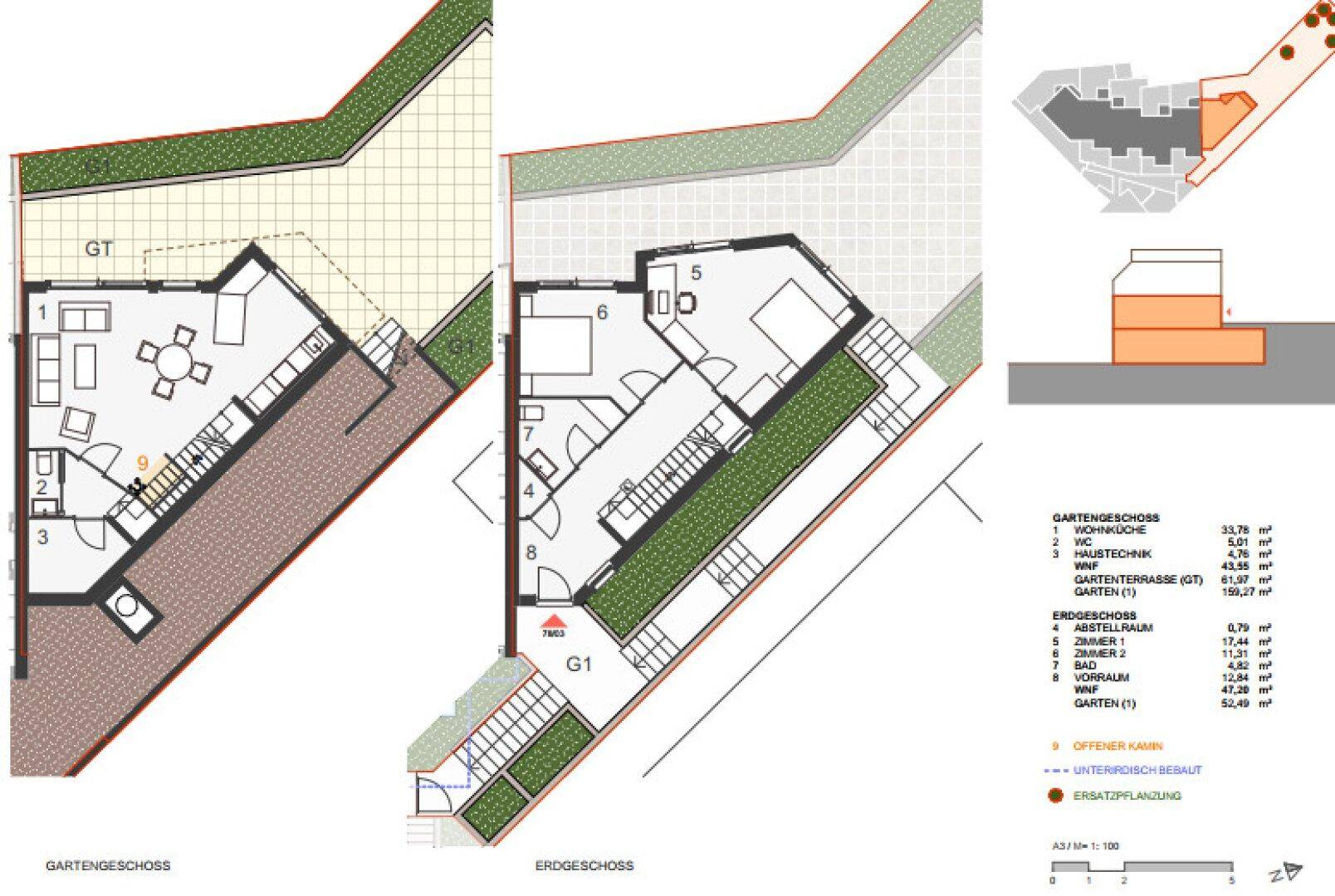 Grundrisse des Gartengeschosses und Erdgeschosses mit Wohnbereich, Garten und Kamin.
