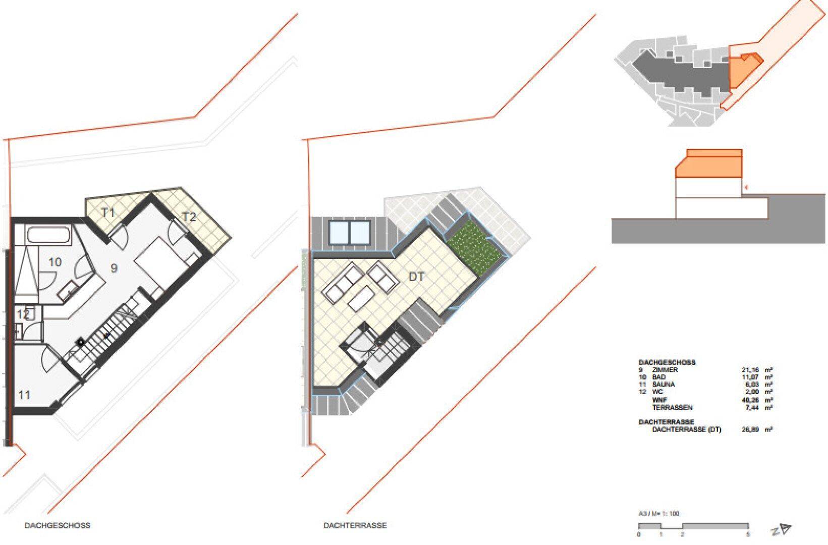 Grundrisse des Dachgeschosses und der Dachterrasse mit Schlafzimmer und Bad.