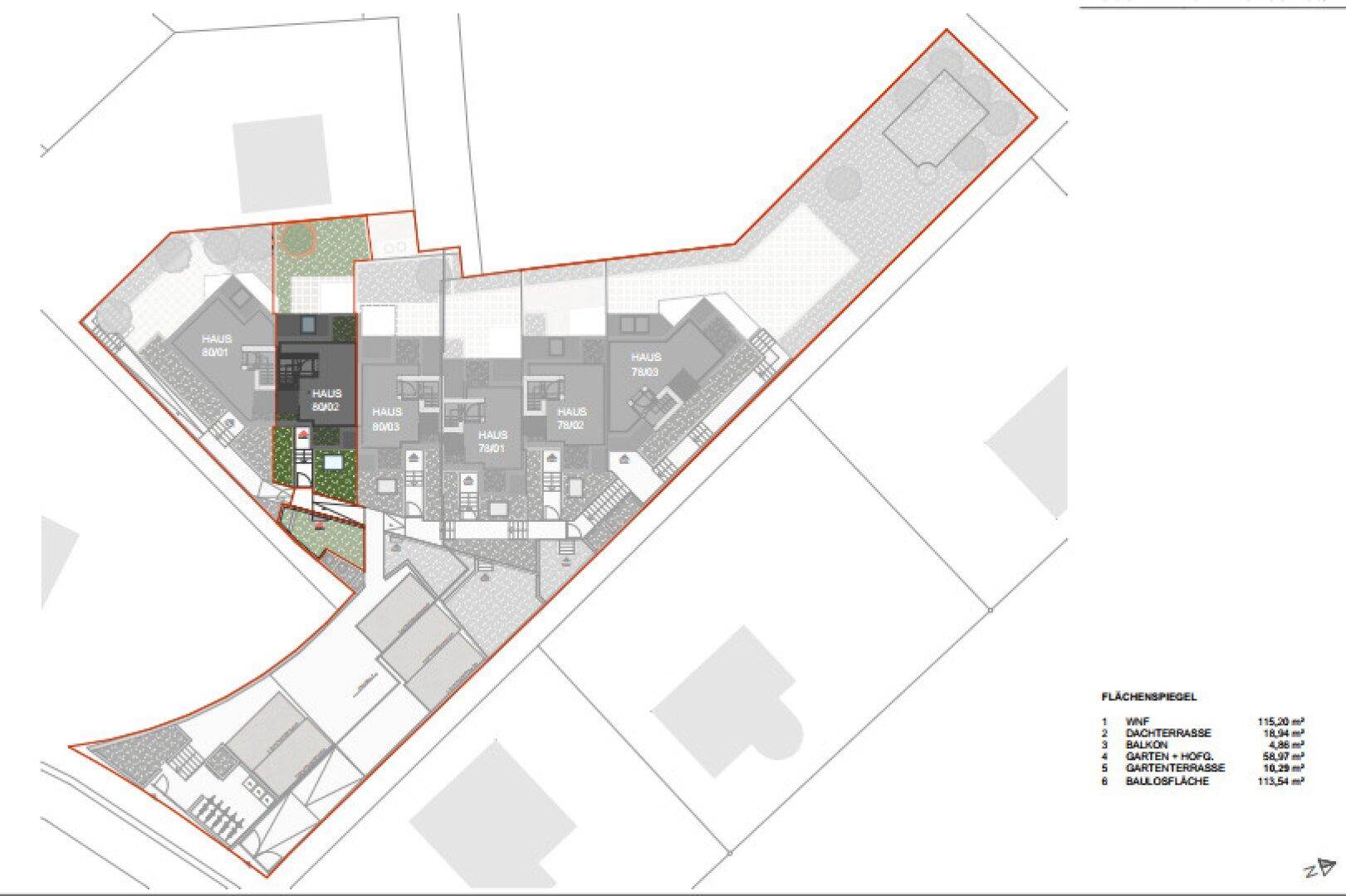 Gesamtgrundriss des Anwesens mit mehreren Wohneinheiten, Terrassen und Gärten.