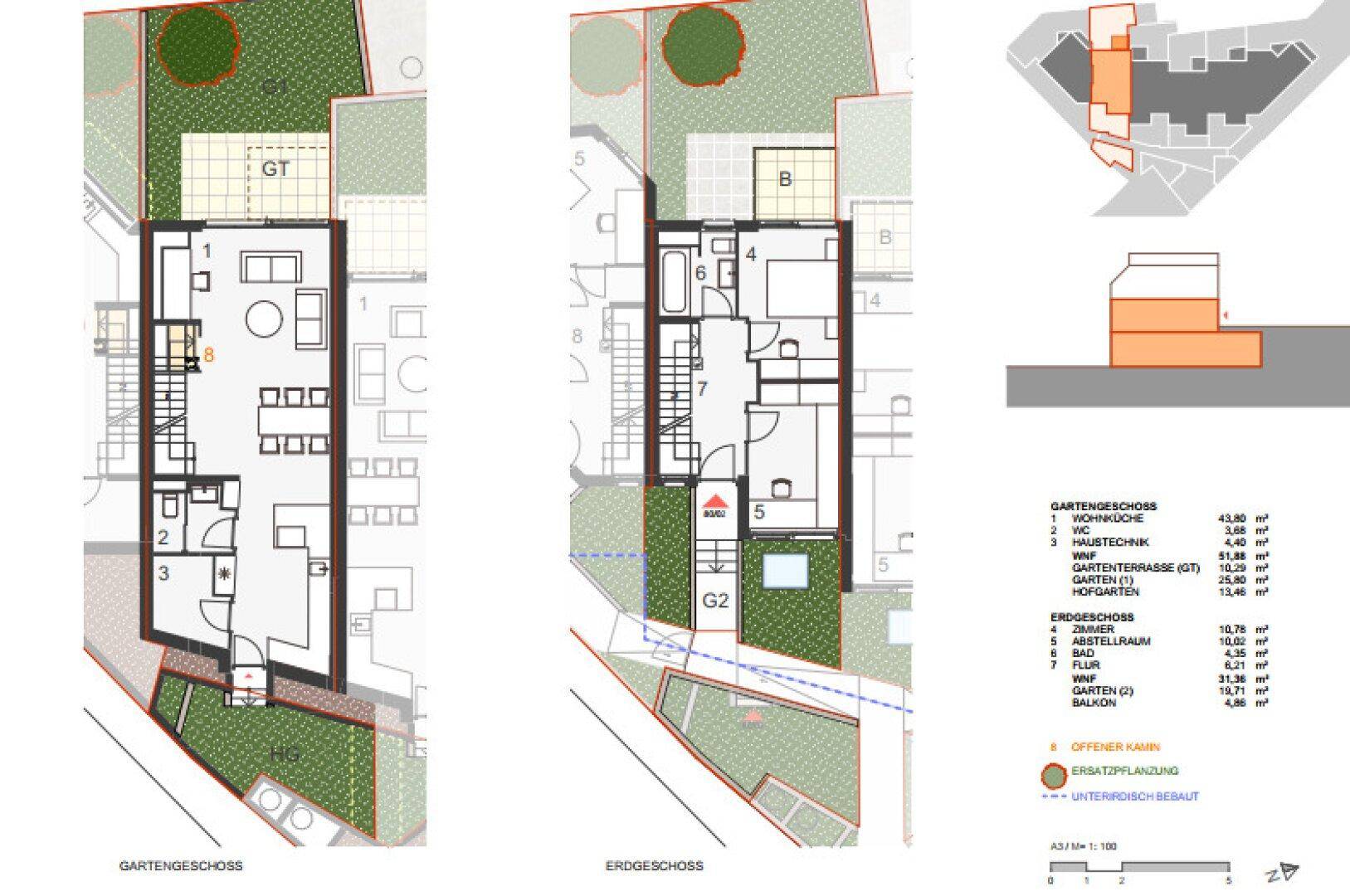 Detaillierter Grundriss des Gartengeschosses und Erdgeschosses mit Zimmeraufteilung und Außenbereichen.