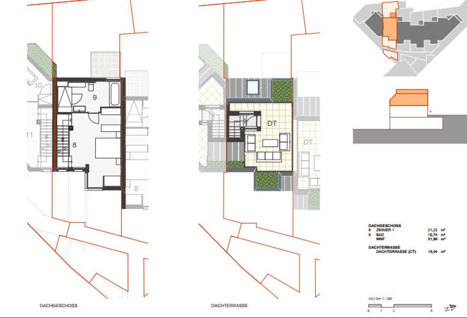 Grundriss des Dachgeschosses und der Dachterrasse mit Schlafzimmer, Bad und großzügiger Außenfläche.