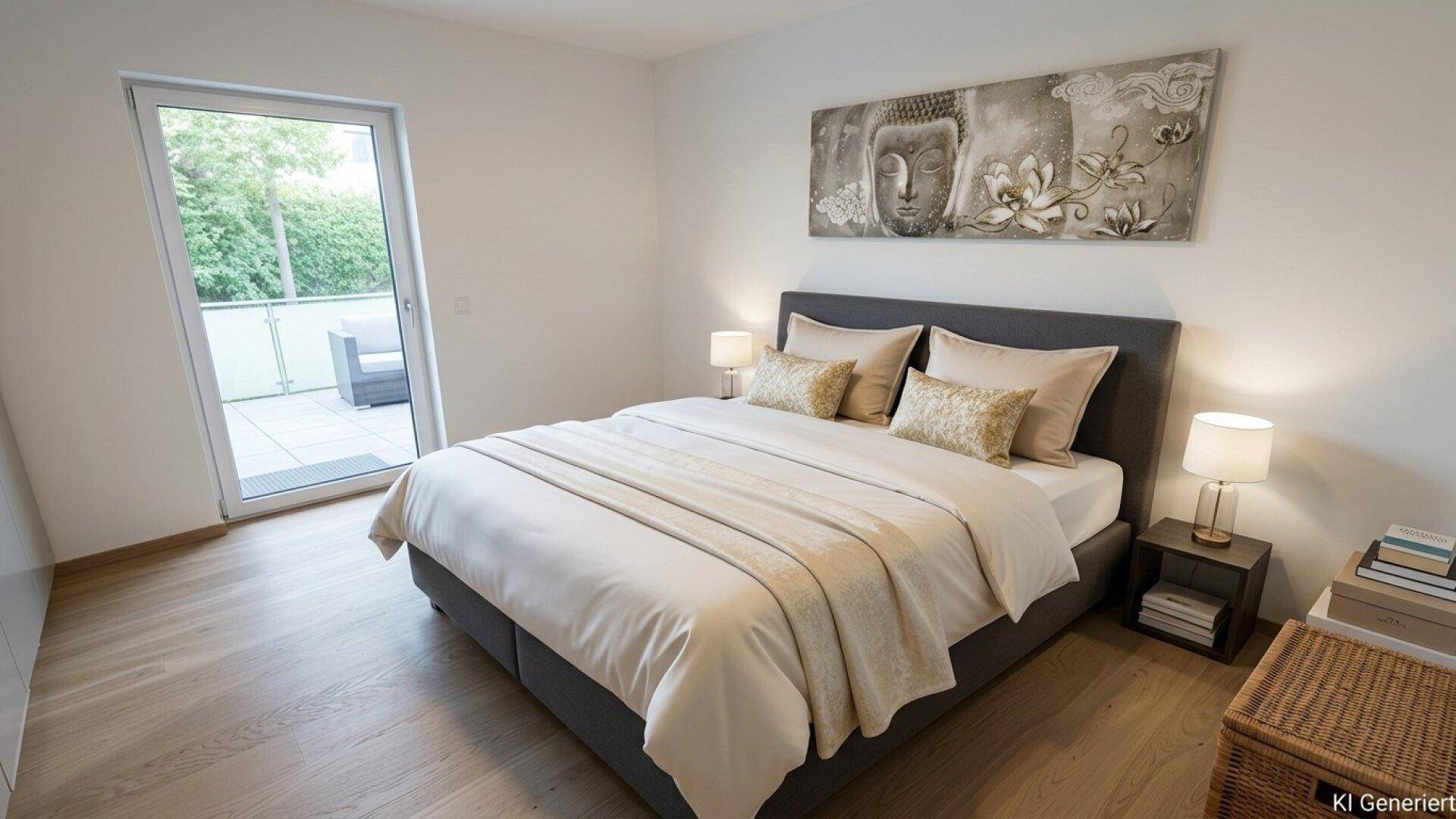 Helles Schlafzimmer mit Doppelbett, Holzboden und direktem Zugang zur Terrasse.