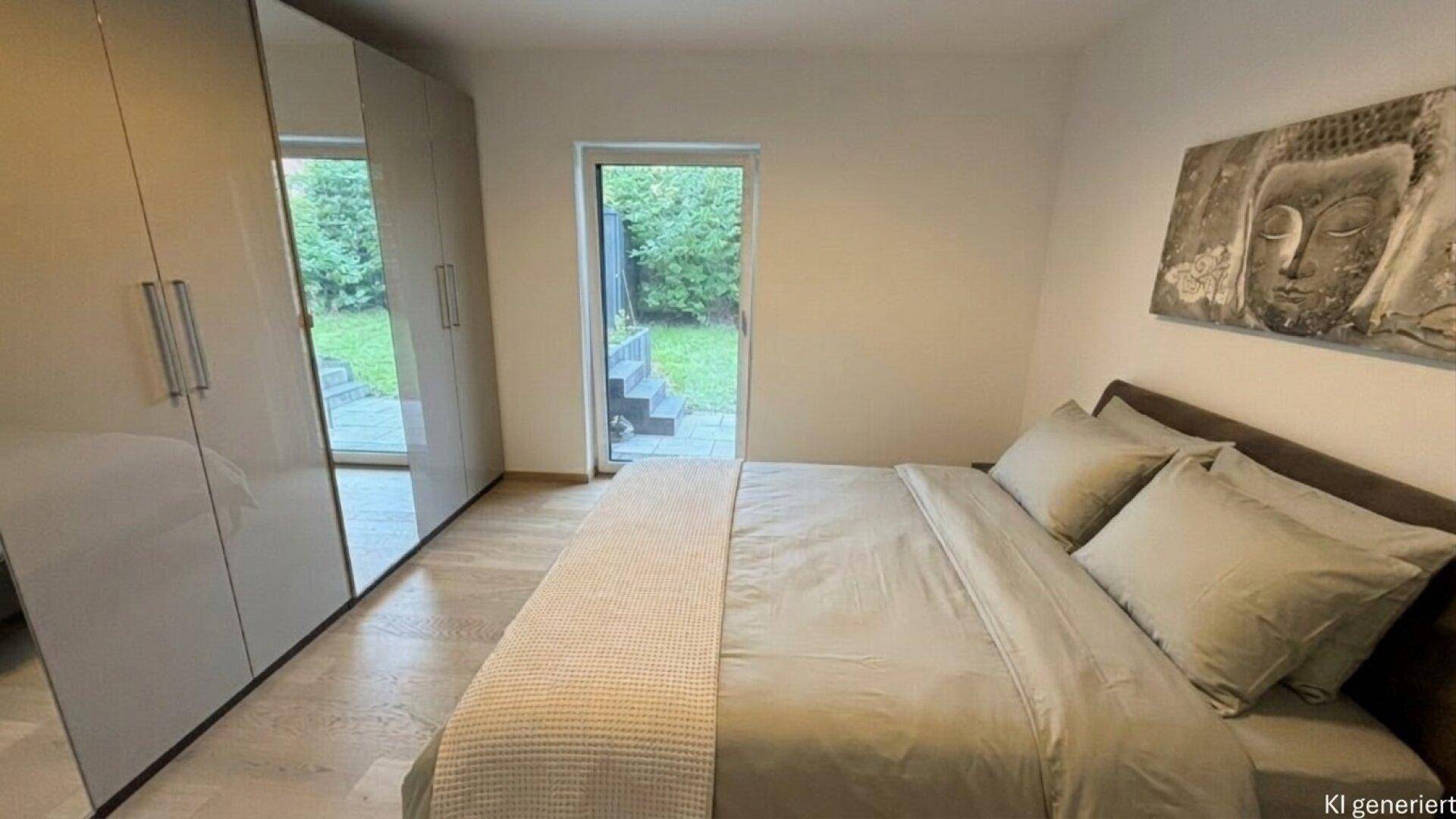 Helles Schlafzimmer mit Doppelbett, großem Kleiderschrank und direktem Gartenzugang.