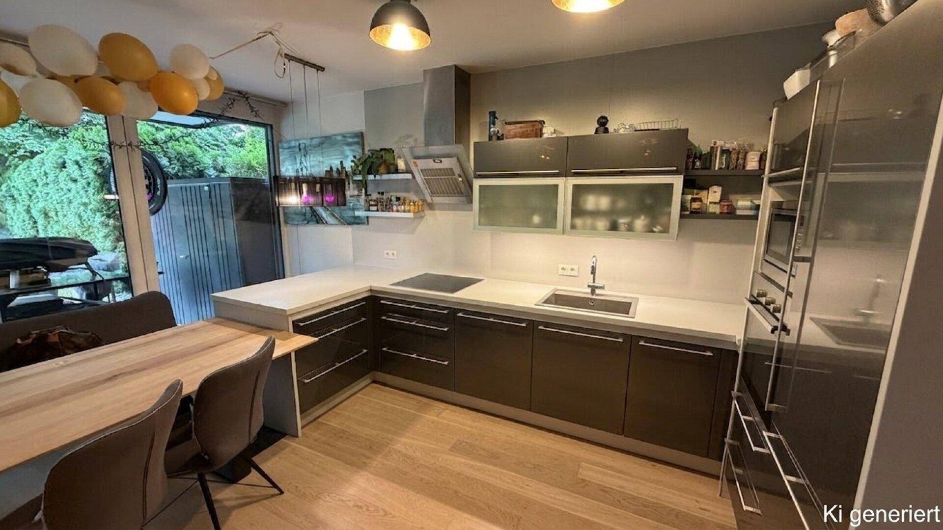 Moderne Einbauküche mit Induktionskochfeld, Backofen und Essbereich in offener Gestaltung.