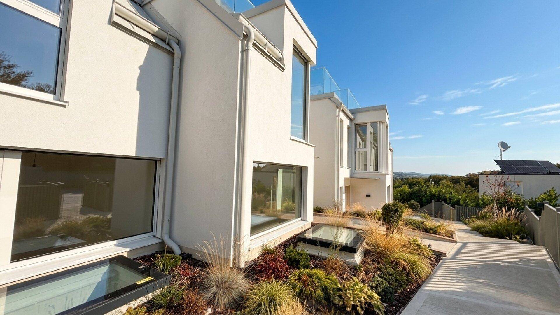 Seitliche Ansicht des Hauses mit moderner Architektur und ansprechender Bepflanzung.