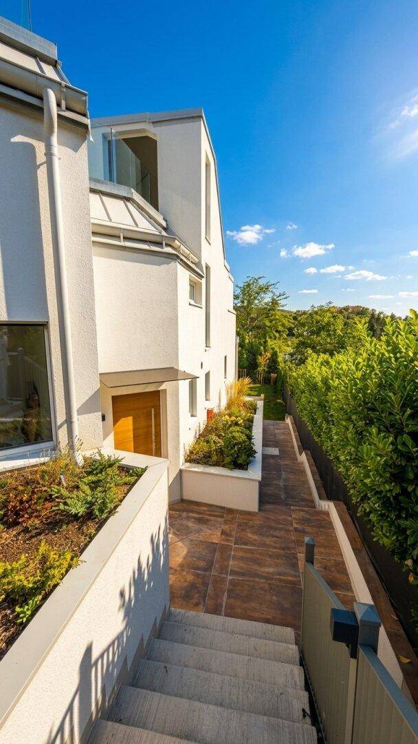 Geschwungener Weg und Treppenaufgang zum modernen Haus mit seitlicher Bepflanzung.