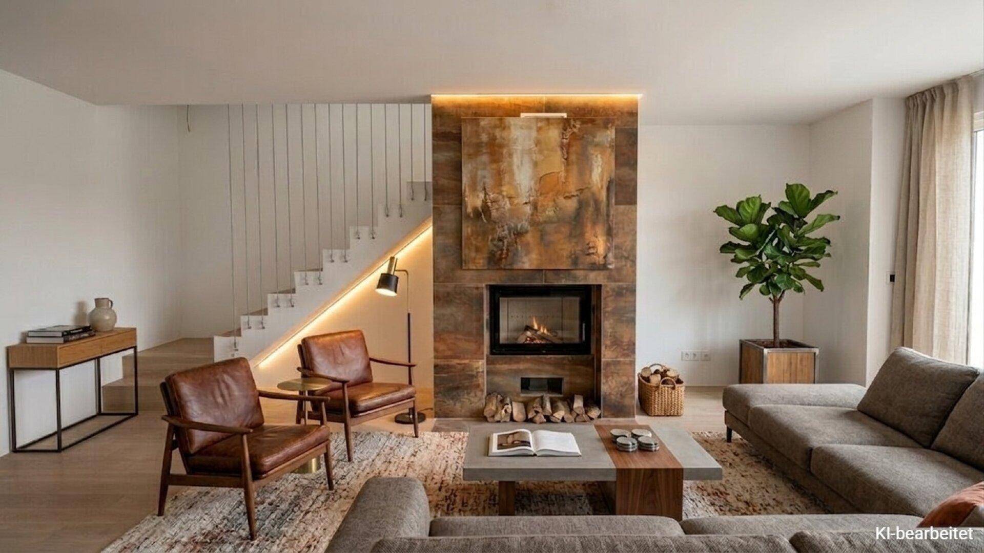 Gemütliches Wohnzimmer mit modernem Kamin, bequemen Sofas und einer eleganten Treppe.