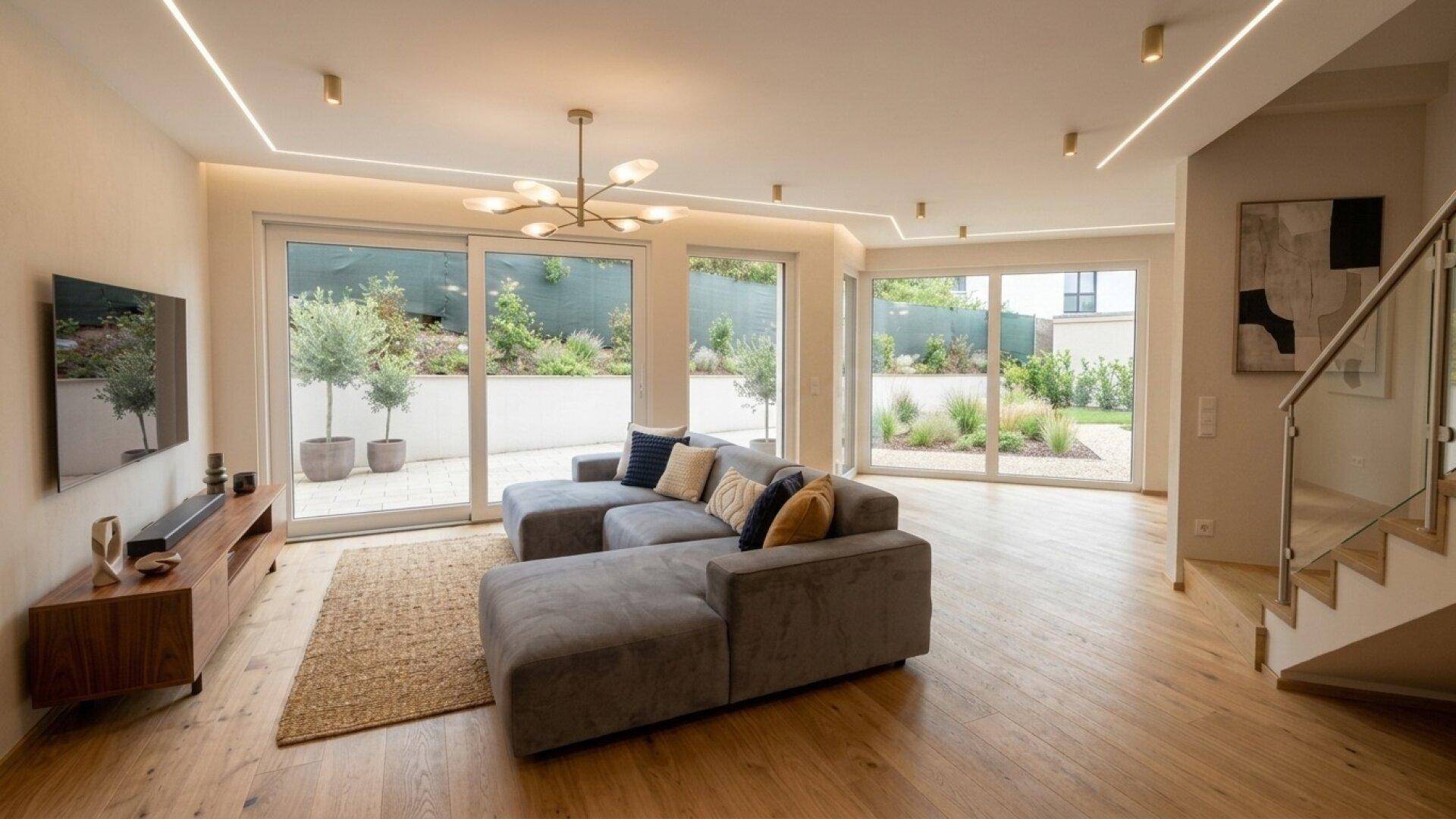 Helles Wohnzimmer mit Holzboden, moderner Couch und großen Schiebetüren zum Garten.