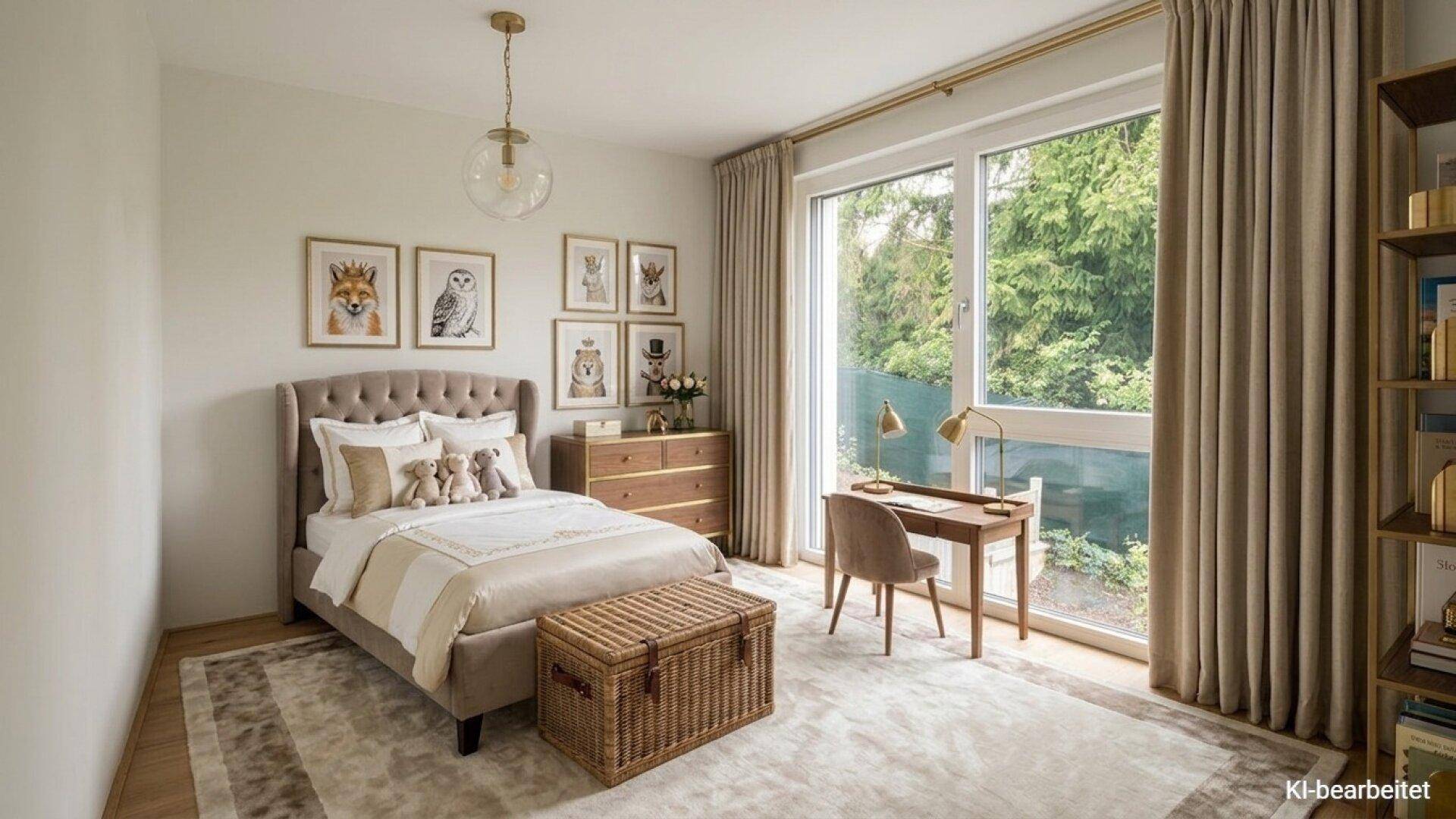 Gemütliches Schlafzimmer mit großem Fenster, hellem Teppich und stilvoller Einrichtung.