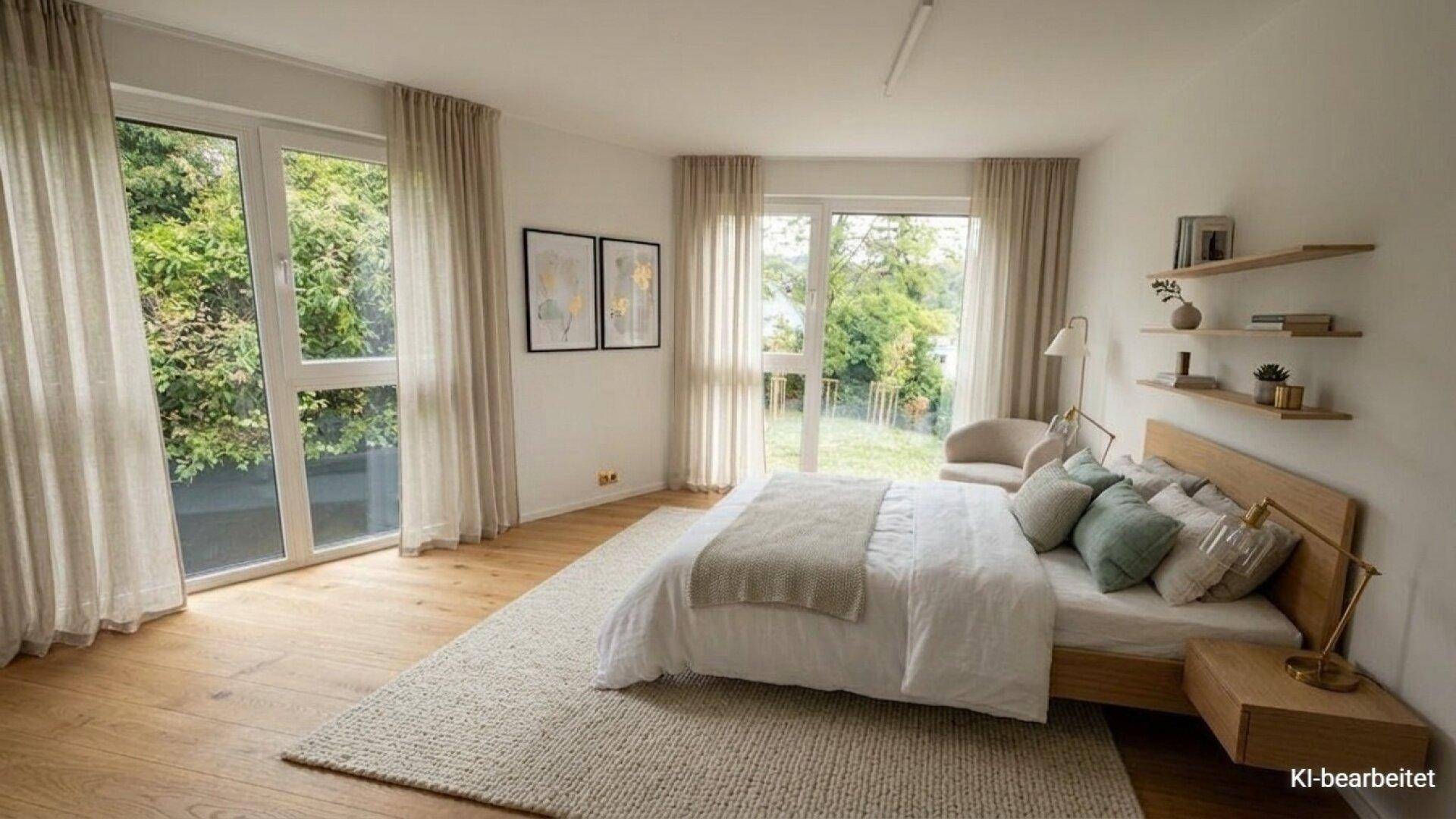 Helles Schlafzimmer mit Holzboden, großem Bett und Zugang zum Garten durch breite Fenster.