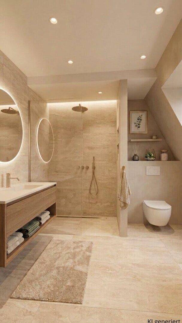 Modernes Badezimmer mit begehbarer Dusche, Holzwaschtisch und indirekter Beleuchtung.