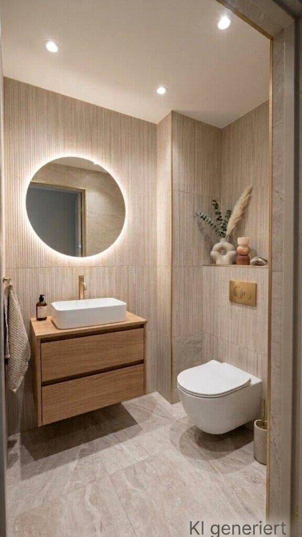 Elegantes Gäste-WC mit modernem Waschtisch, beleuchtetem Spiegel und Wand-WC.
