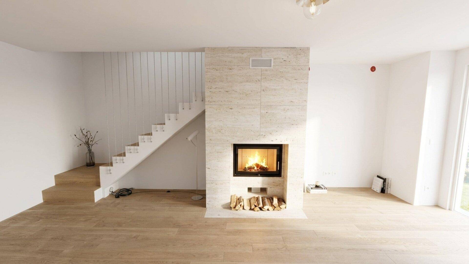 Geräumiger Wohnbereich mit modernem Kamin, Holzfußboden und eleganter Treppe.