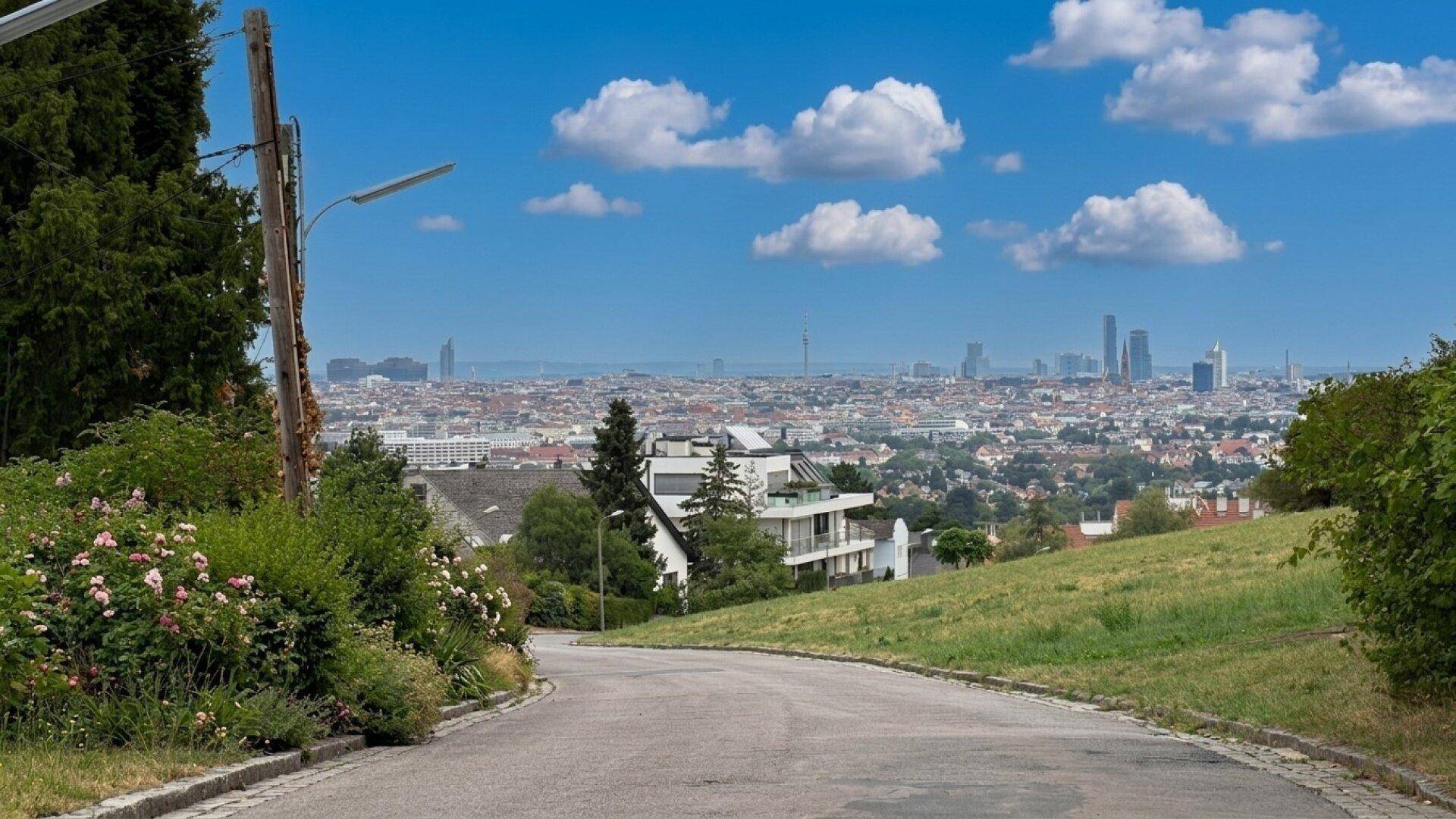 Panoramablick auf die Stadt Wien von einer Anhöhe mit grüner Landschaft.