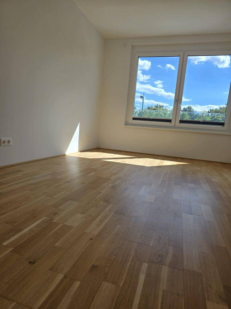 Heller Raum mit Holzfußboden und großem Fenster, das viel Tageslicht hereinlässt.