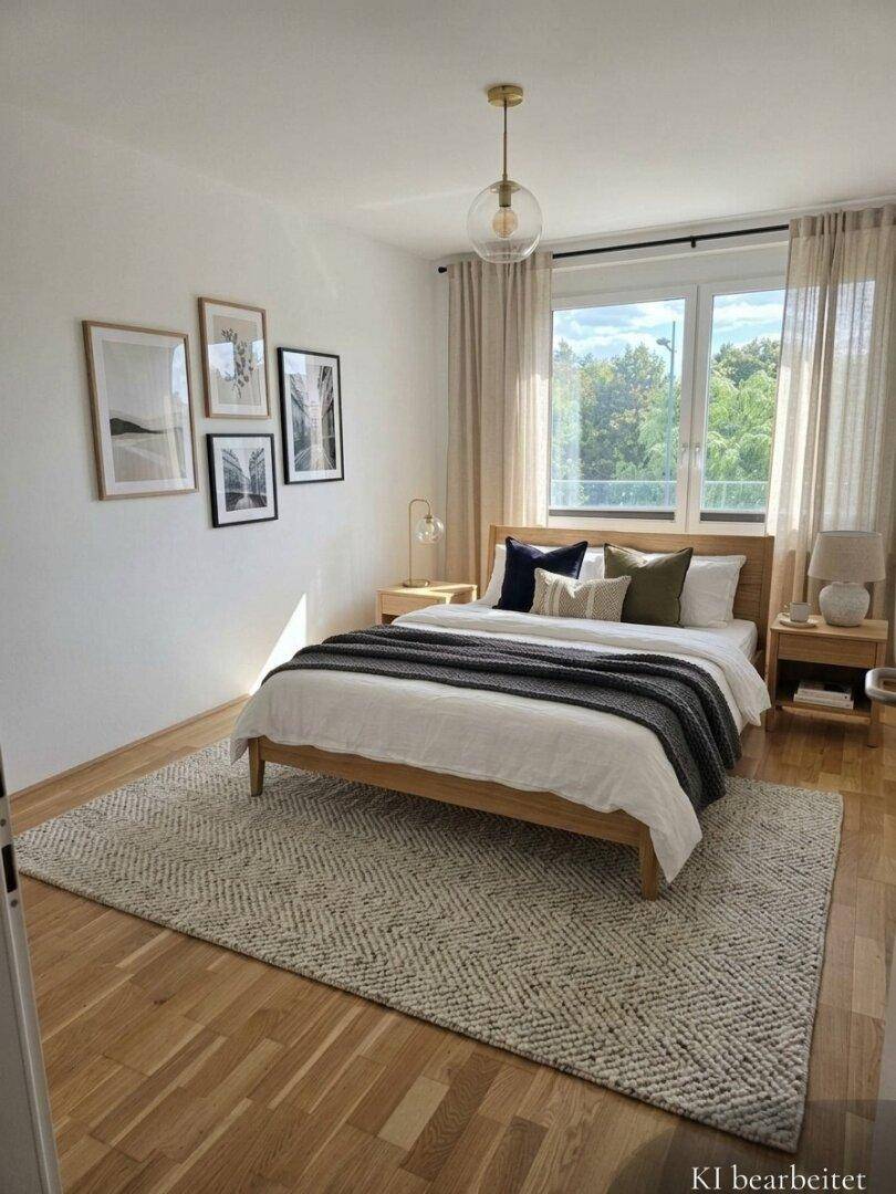 Gemütliches Schlafzimmer mit Holzbett, Teppich und großem Fenster für viel Tageslicht.