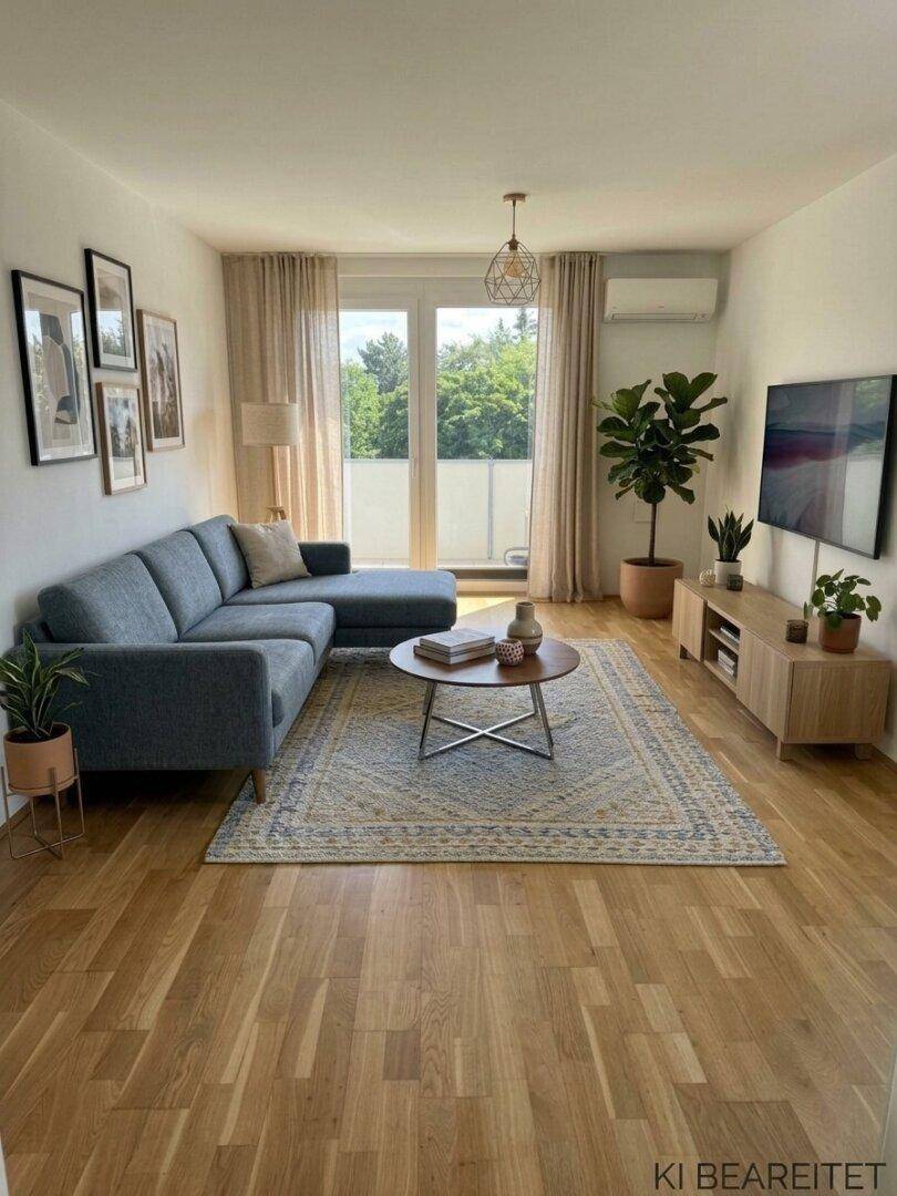 Modernes Wohnzimmer mit bequemer Couch, Holzboden und großem Fenster mit Grünblick.