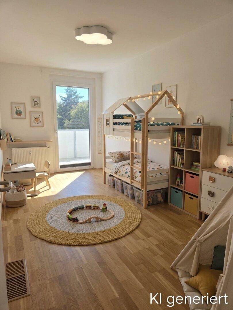 Freundliches Kinderzimmer mit Etagenbett, Spielbereich und Zugang zu einem sonnigen Balkon.