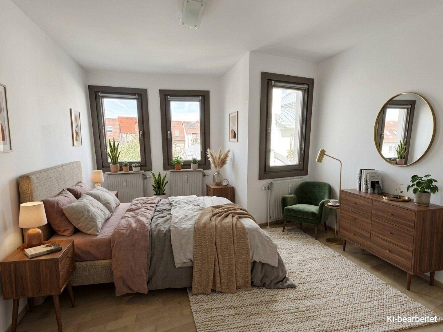 Helles Schlafzimmer mit einem bequemen Bett, Holzmöbeln und einem Teppichboden unter den Fenstern.