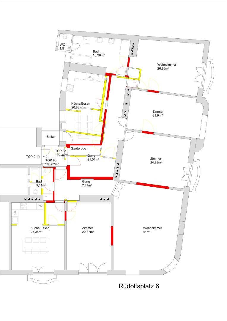 Detaillierter Grundriss mit Raumaufteilung, Flächenangaben und der Adresse Rudolfsplatz 6.