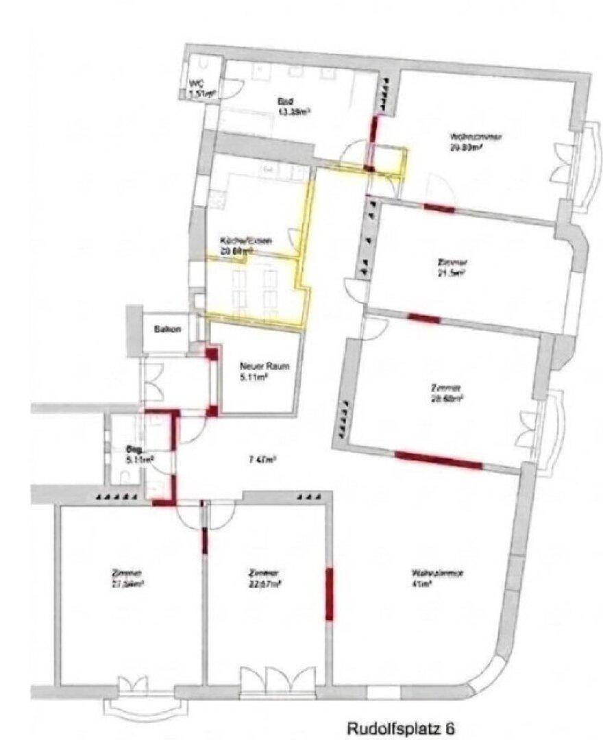 Grundriss einer Wohnung mit mehreren Zimmern, kombiniertem Küchen-/Essbereich, Bad, separatem WC und Balkon.