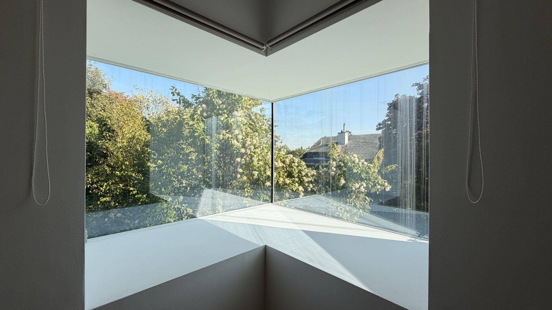 Innenansicht durch ein großes Eckfenster mit Blick auf üppiges Grün und ein entferntes Haus.