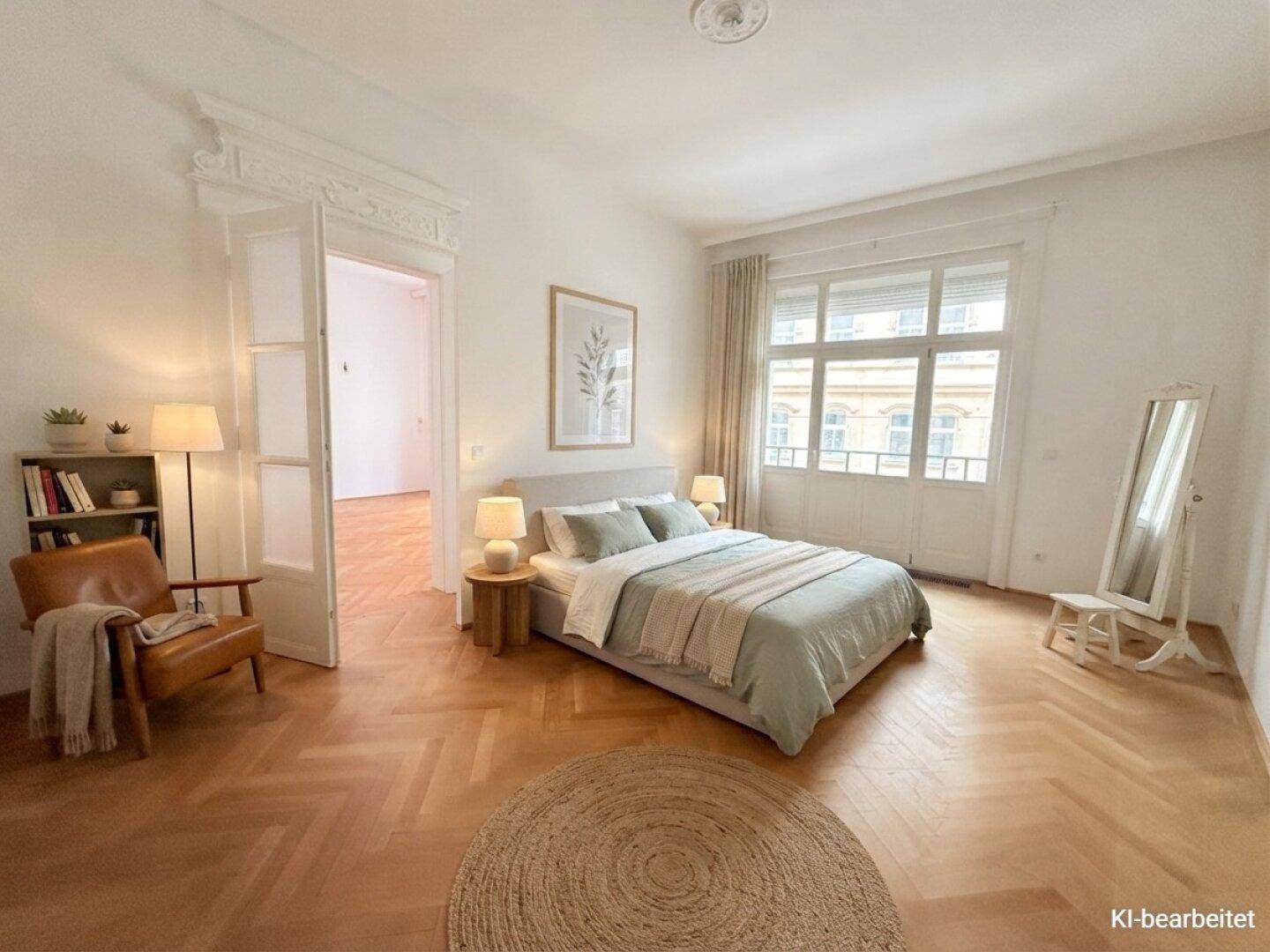 Geräumiges Schlafzimmer mit Fischgrätparkett, hohen Decken und großen Fenstern.