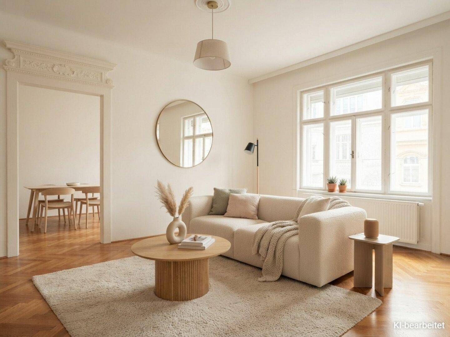 Helles Wohnzimmer mit modernem Sofa, Holzboden und Zugang zum Essbereich.