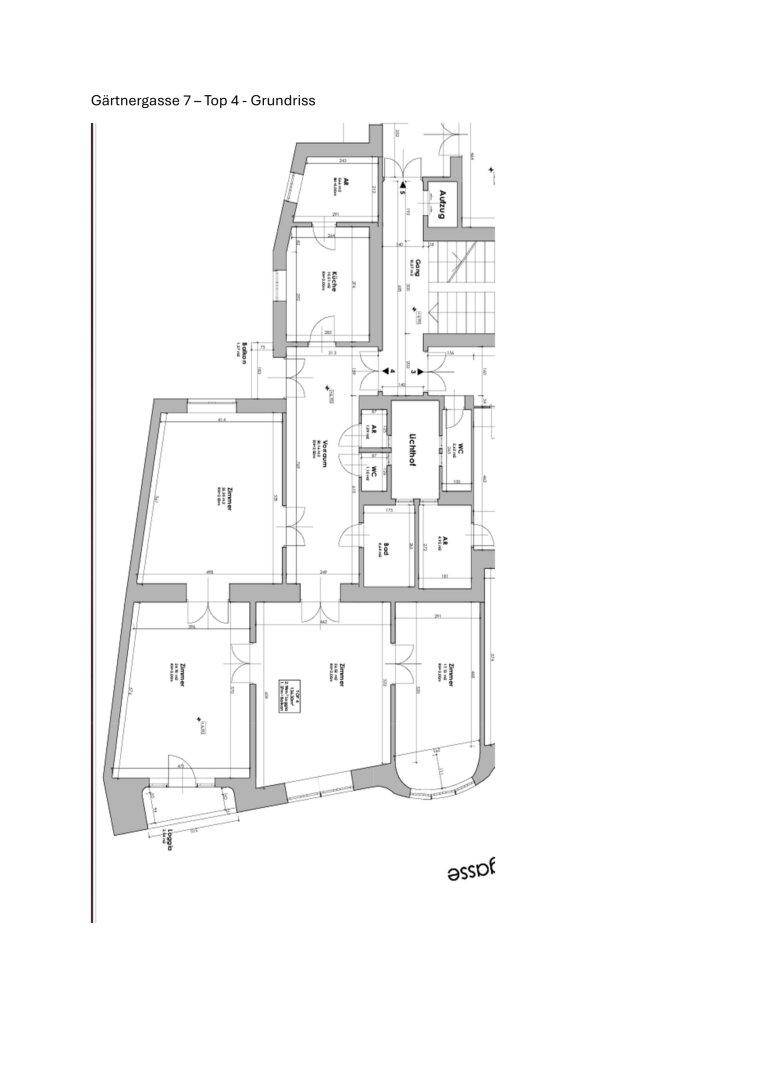 Grundriss der Wohnung "Gärtnergasse 7 - Top 4" mit Raumaufteilung und Maßen.