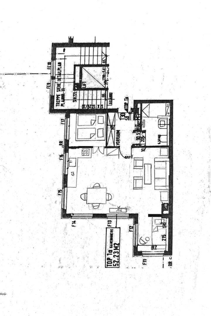Grundriss einer Wohnung mit 52,23 m² Wohnfläche, inklusive Schlafzimmer und Wohnbereich.