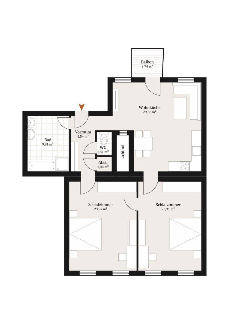 Grundriss einer Wohnung mit zwei Schlafzimmern, Wohnküche und Balkon.