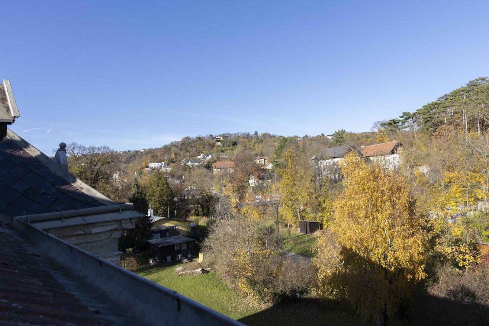 Panoramablick vom Dach auf die grüne Hügellandschaft und die umliegenden Häuser.
