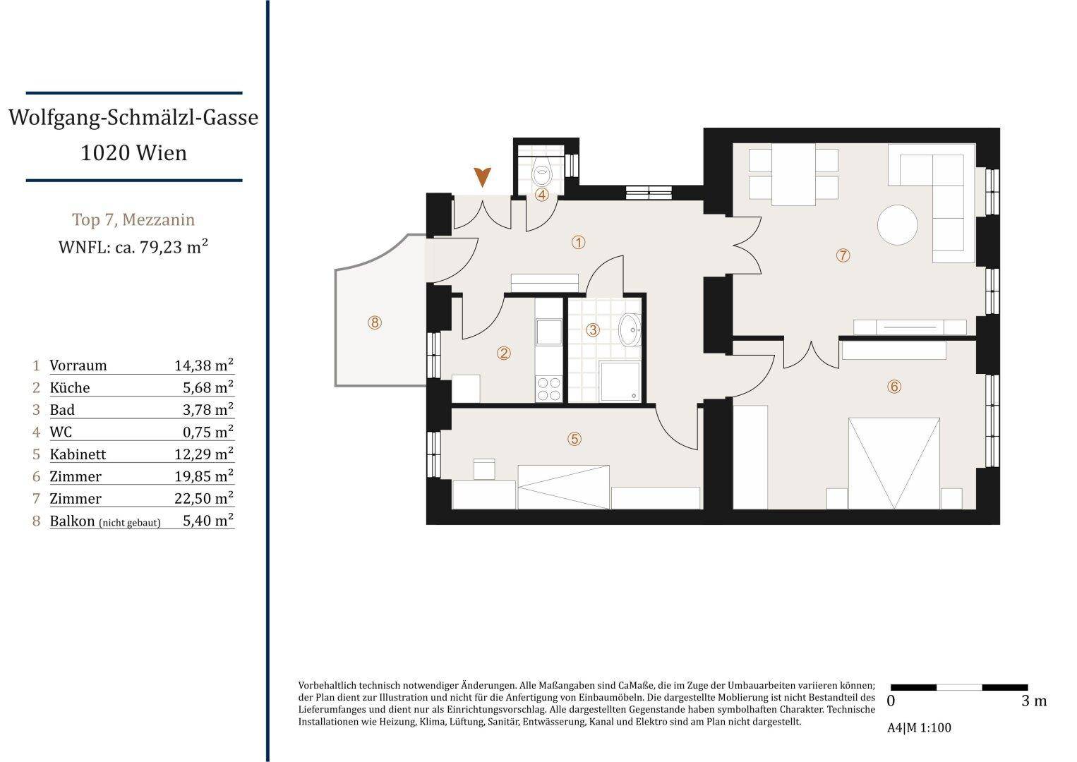 Detaillierter Grundriss der Wohnung Top 7 mit einer Wohnfläche von 79,23 m² und Balkon.