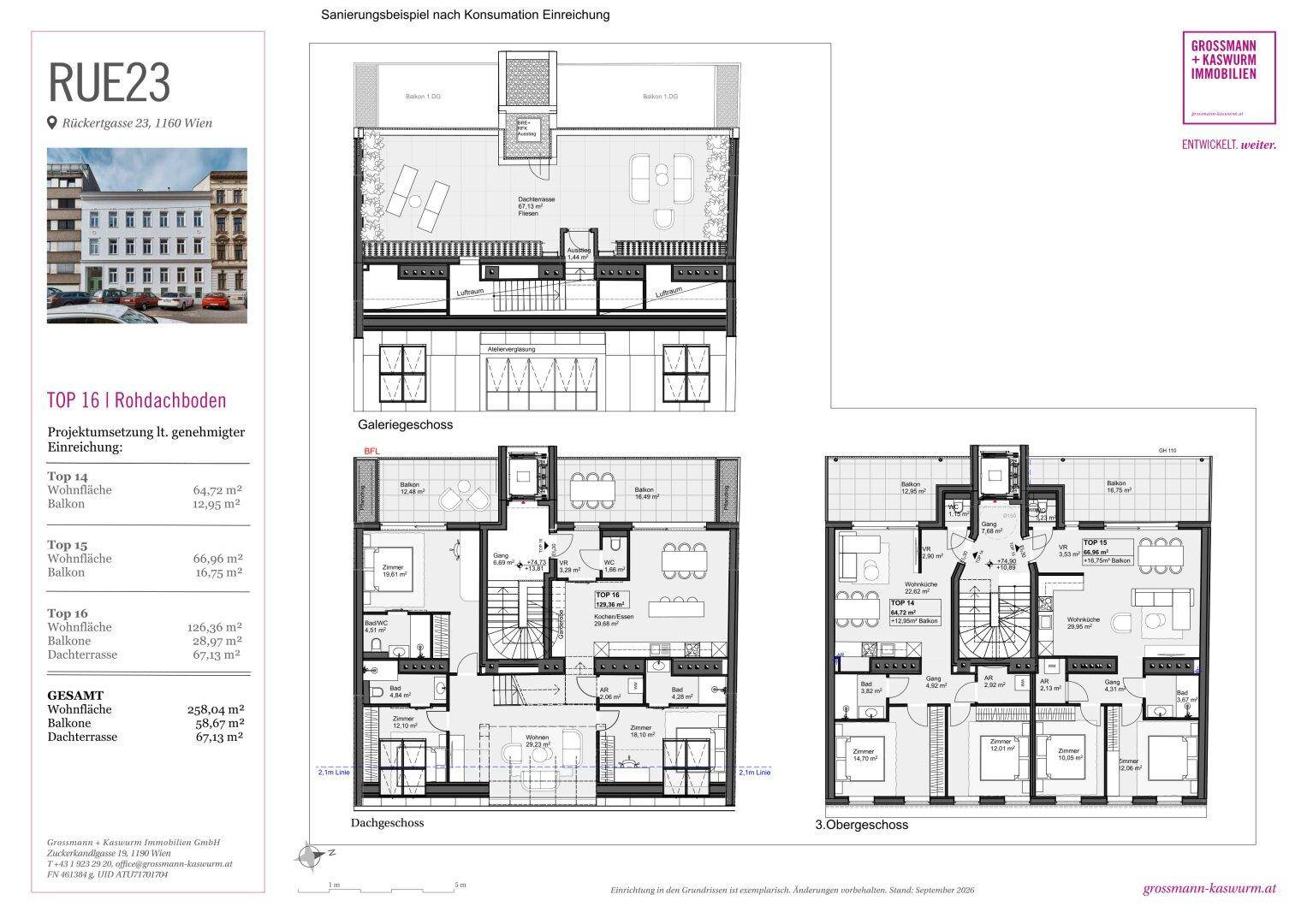 Grundrisspläne für ein mehrstöckiges Apartment mit Dachterrasse und offenem Wohnbereich.