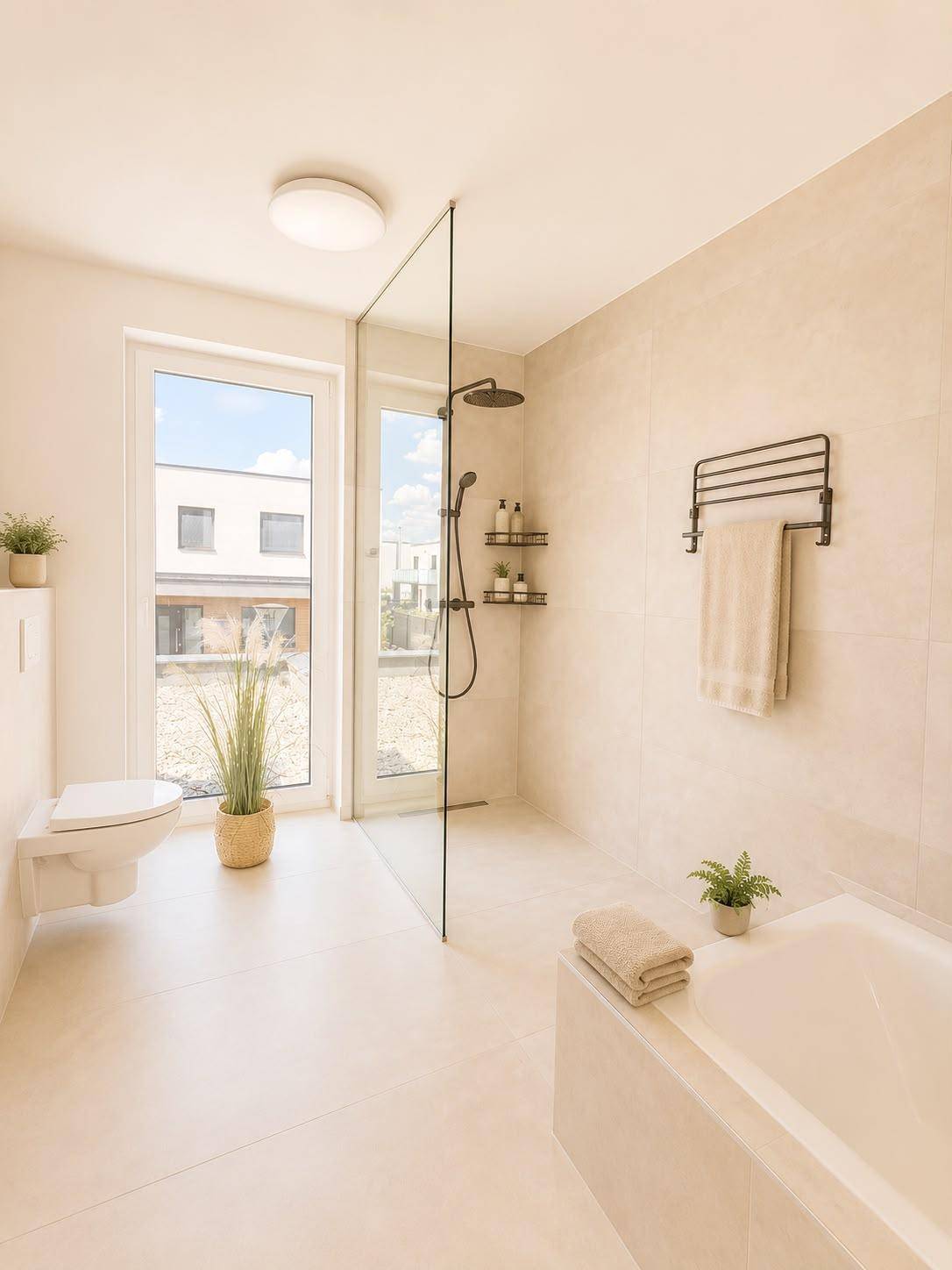 Helles Badezimmer mit Badewanne, begehbarer Dusche und Wand-WC.