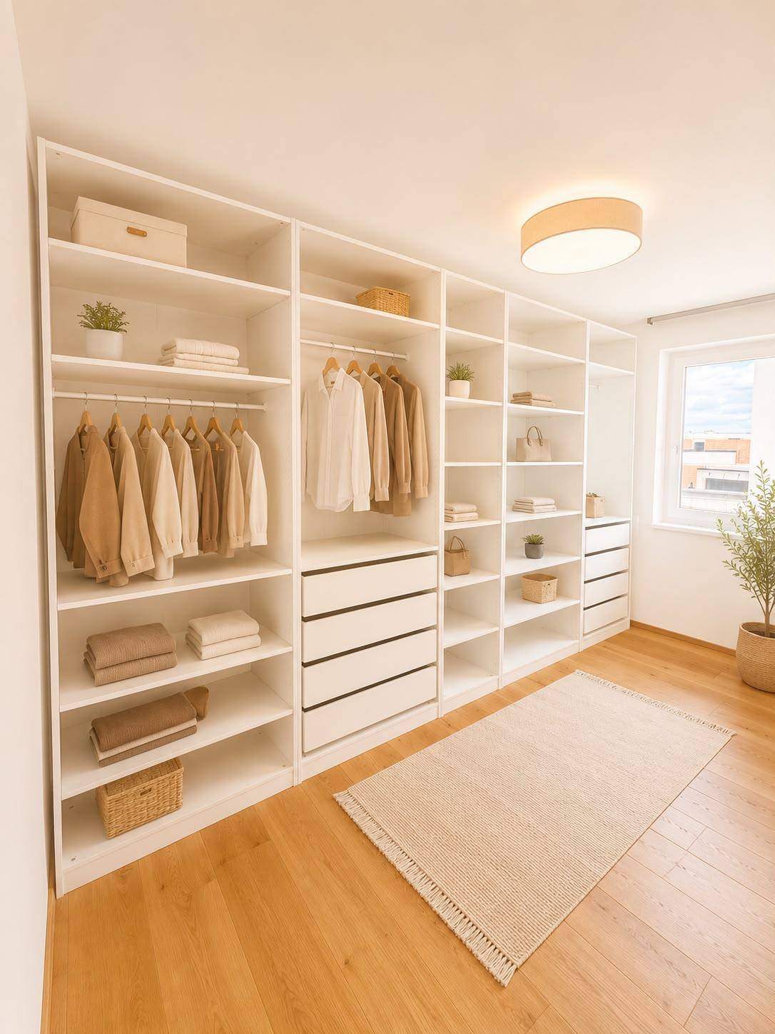 Geräumiger begehbarer Kleiderschrank mit vielen Regalen und Stauraum.