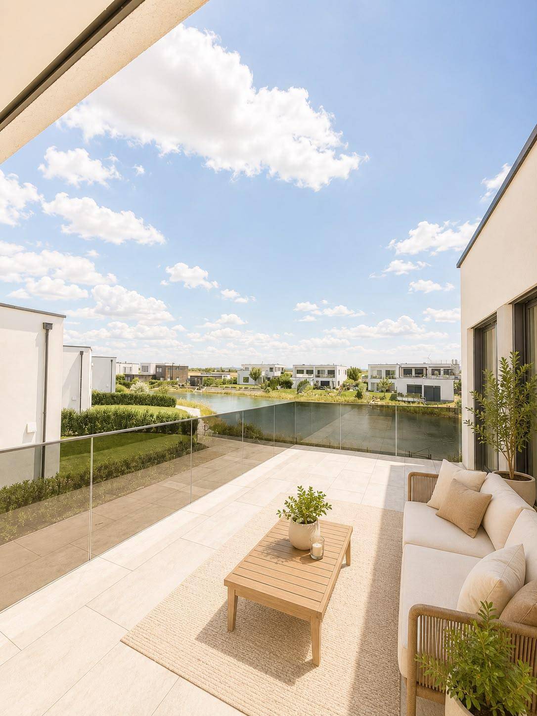 Großer Balkon mit Sitzgelegenheiten und Panoramablick auf den See.