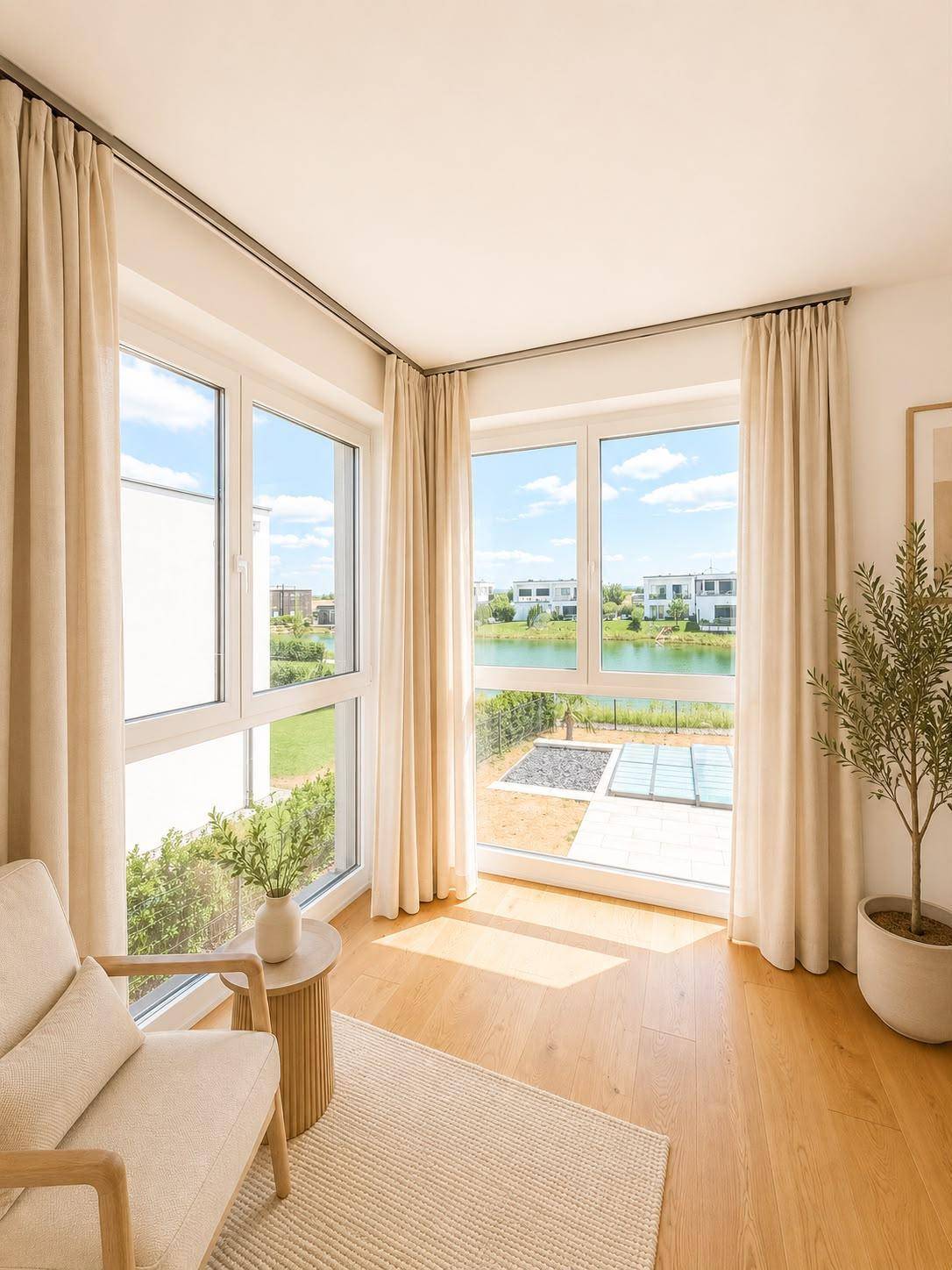 Gemütliche Sitzecke mit Holzboden, großen Fenstern und Seeblick.