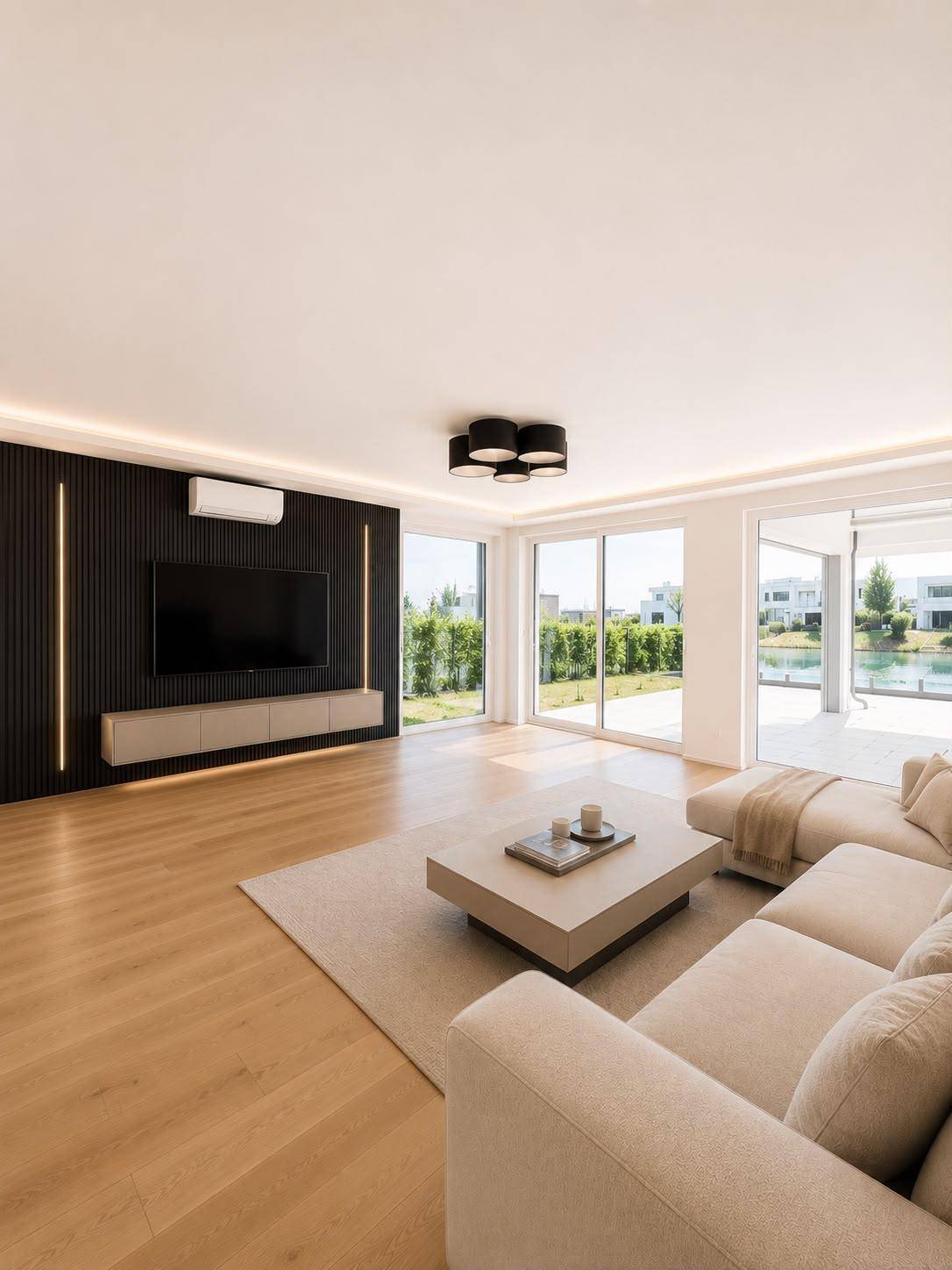 Modern eingerichtetes Wohnzimmer mit Holzboden, großem Sofa und Seeblick.