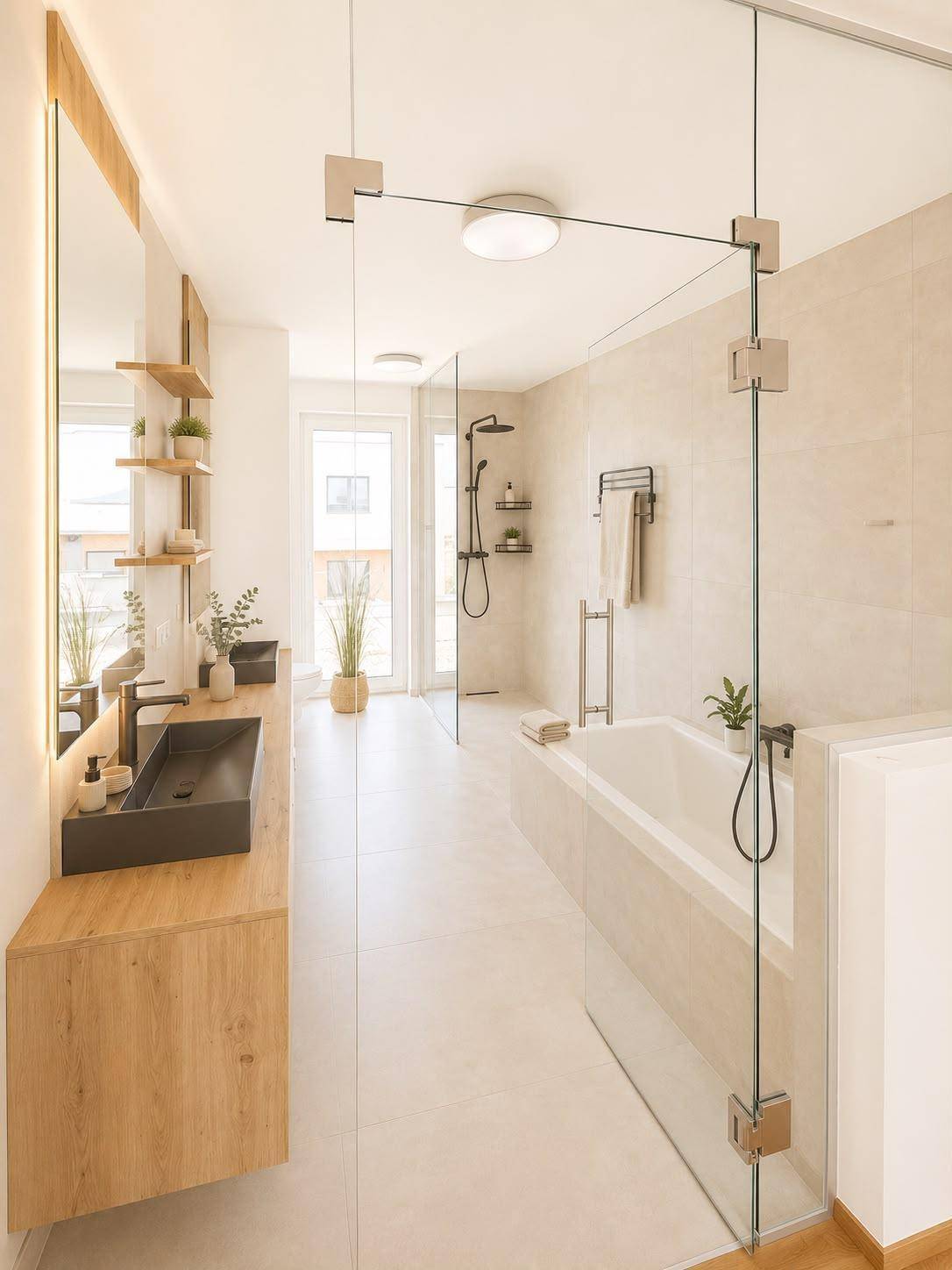 Modernes Badezimmer mit Badewanne, begehbarer Dusche und Doppelwaschbecken.