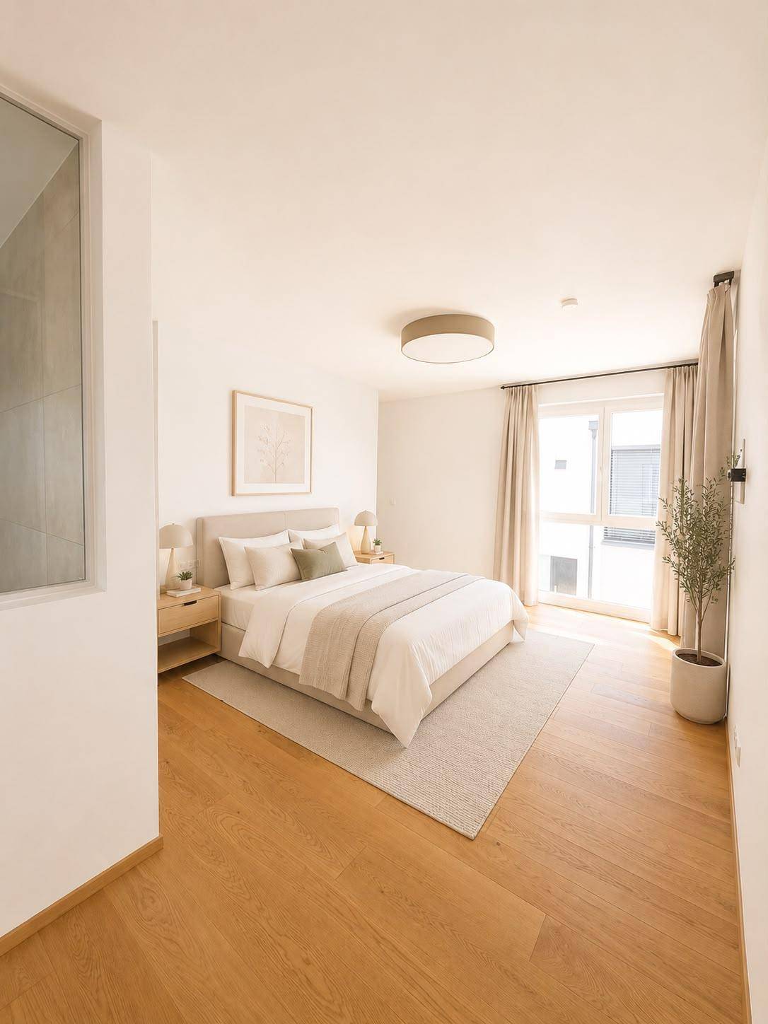 Gemütliches Schlafzimmer mit Holzboden, Doppelbett und Zugang zum Balkon.