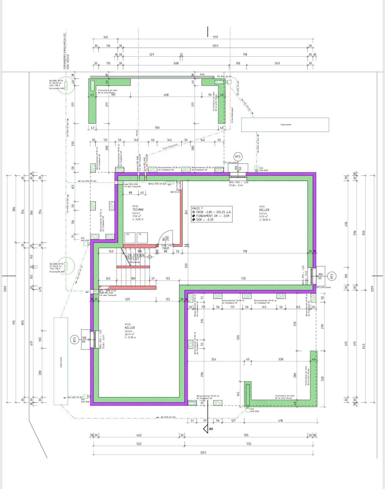 Grundriss des Kellers mit Technikraum und Abstellflächen.