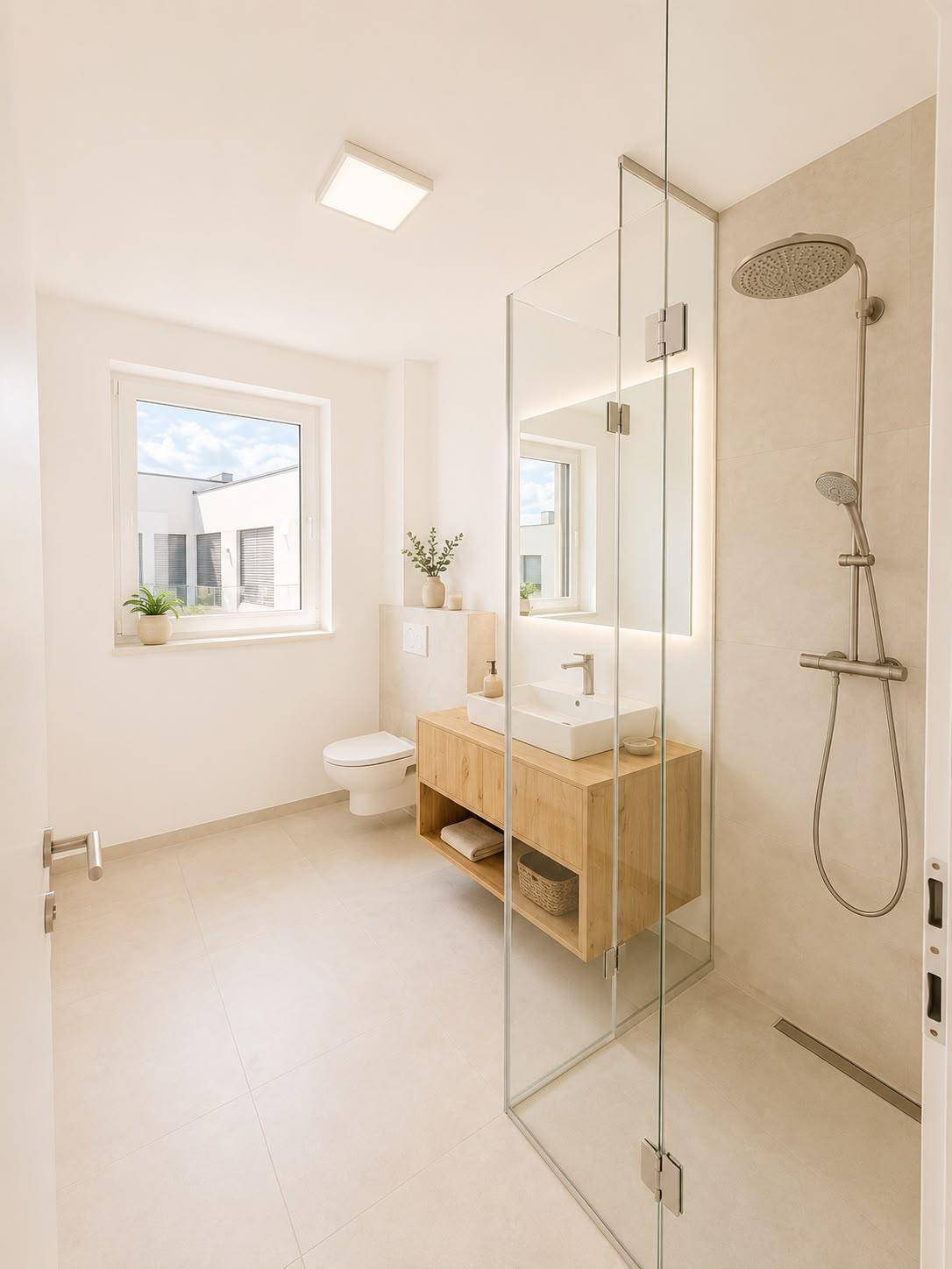 Modernes Badezimmer mit begehbarer Dusche, Waschbecken und Fenster.