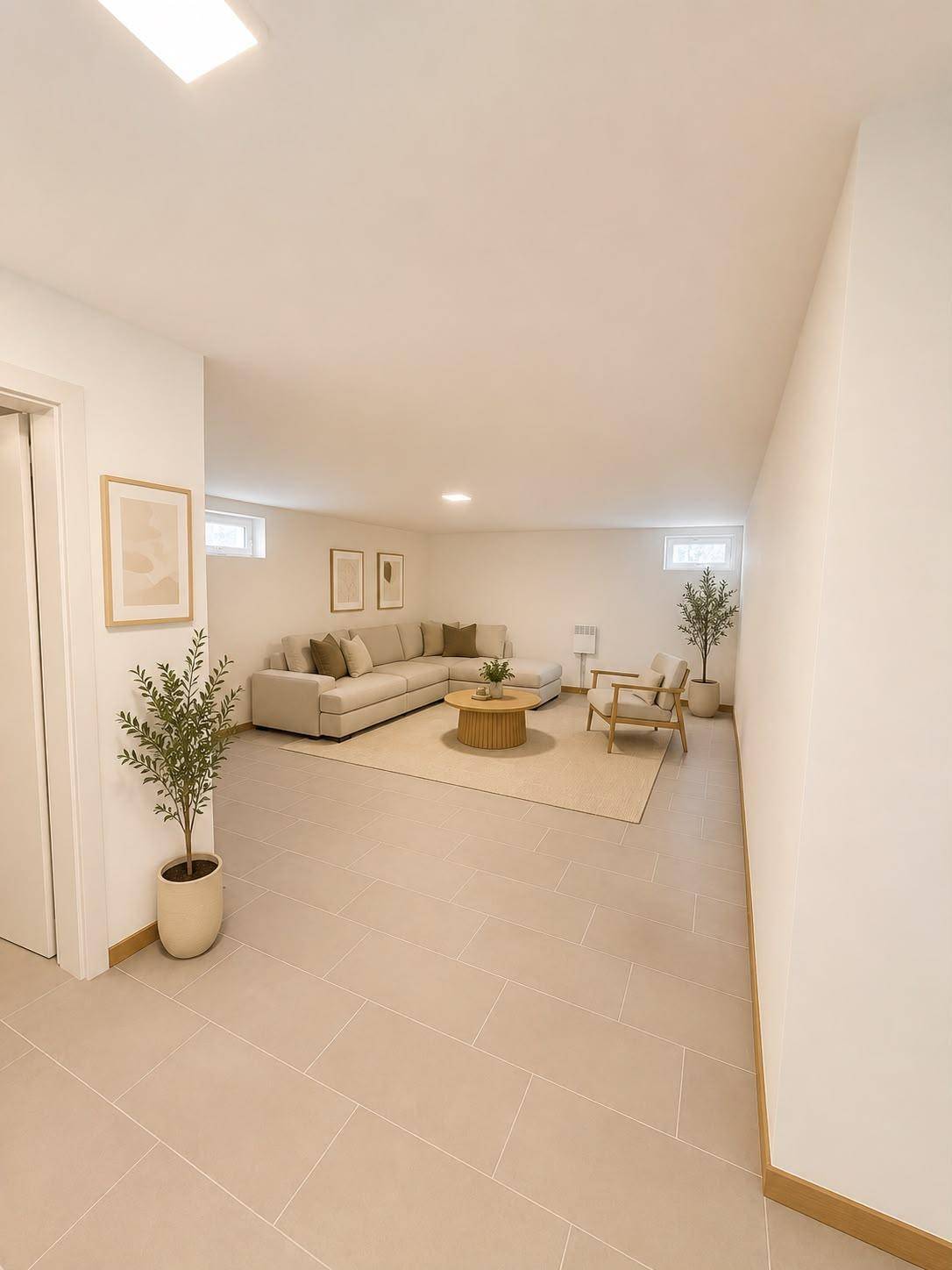 Ausgebauter Kellerraum als Wohnzimmer mit Sofa und Fliesenboden.