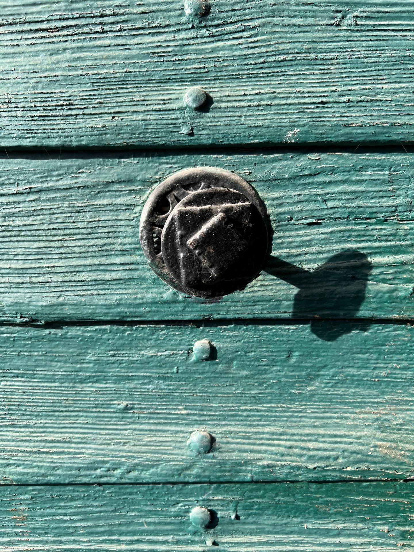 Nahaufnahme einer verwitterten grünen Holztür mit einem runden, dunklen Metallknauf und Nieten.