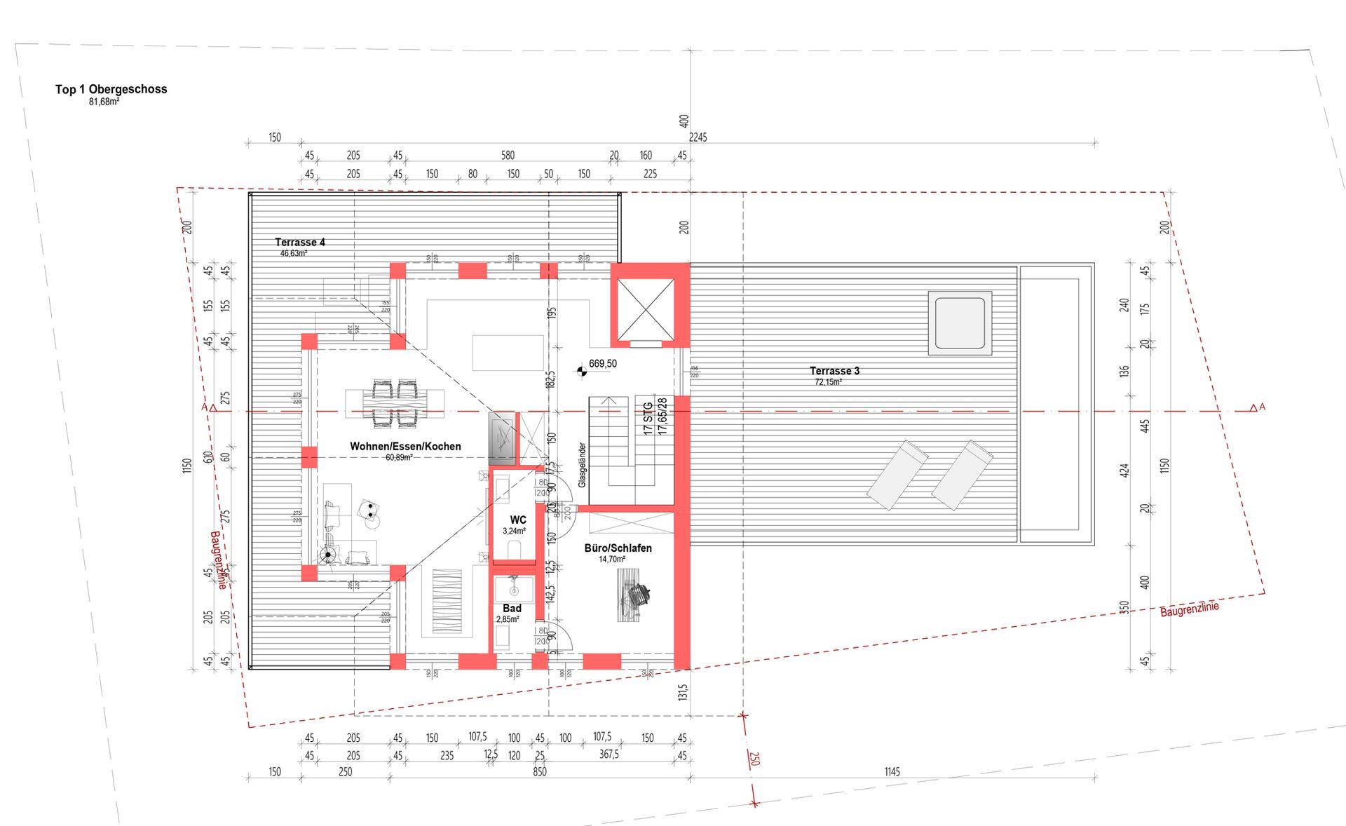Grundriss des Obergeschosses mit offenem Wohn-Ess-Kochbereich, Schlafzimmer und zwei großzügigen Terrassen.