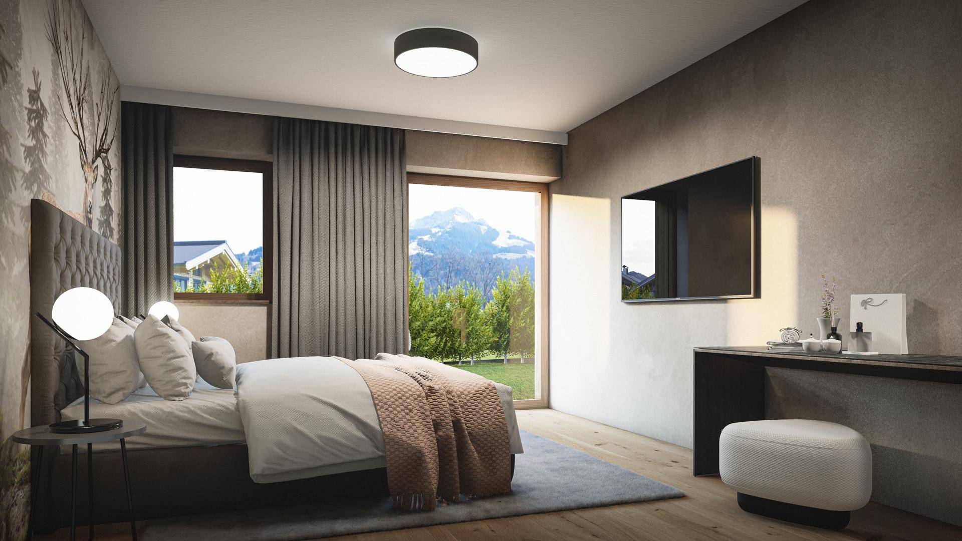 Helles Schlafzimmer mit Holzboden, großem Fenster und direktem Blick auf die umliegende Berglandschaft.