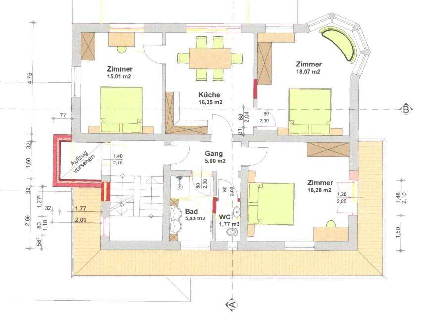 Grundriss des Obergeschosses mit drei Zimmern, Bad, WC und offenem Essbereich.