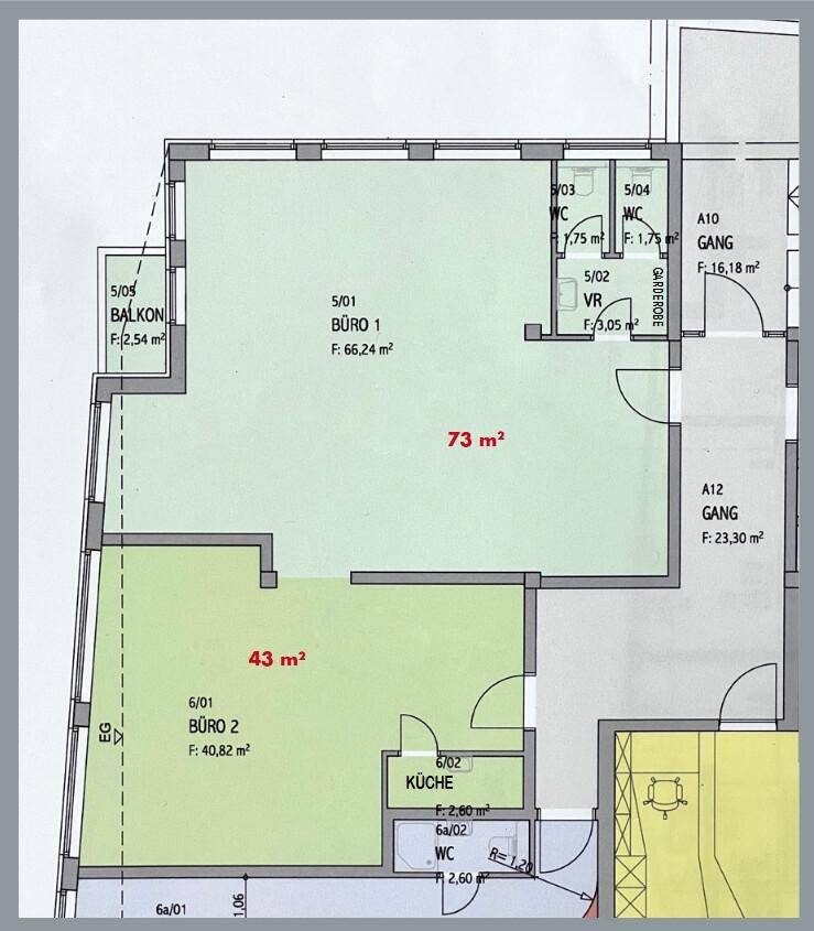 Grundrissplan einer Bürofläche mit zwei Büros, Küche, WC und Balkon.
